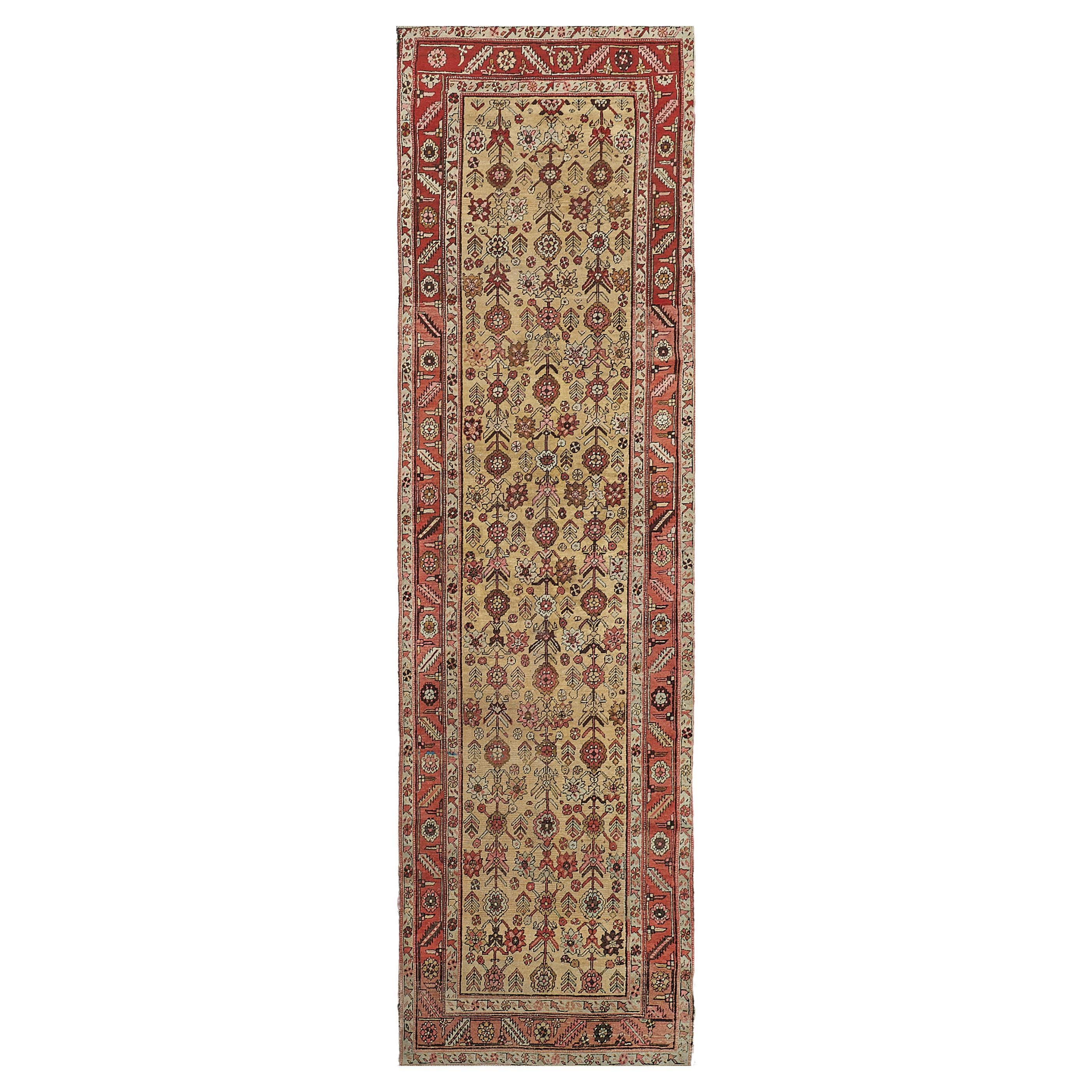 Hand-Knotted Antique Wool Floral Persian Heriz Runner For Sale