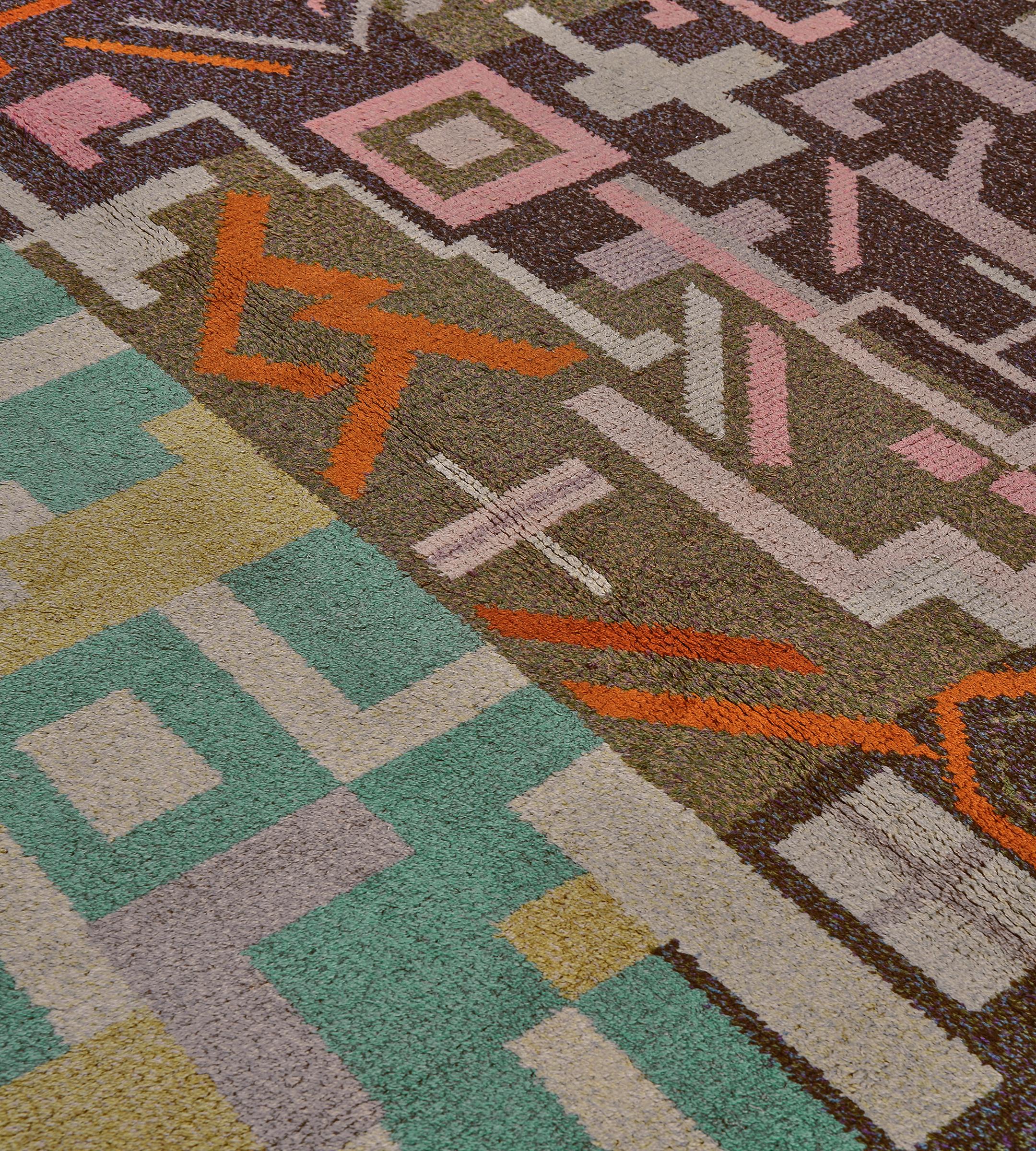 Art déco Tapis déco géométrique noué à la main en laine ancienne de Suède en vente