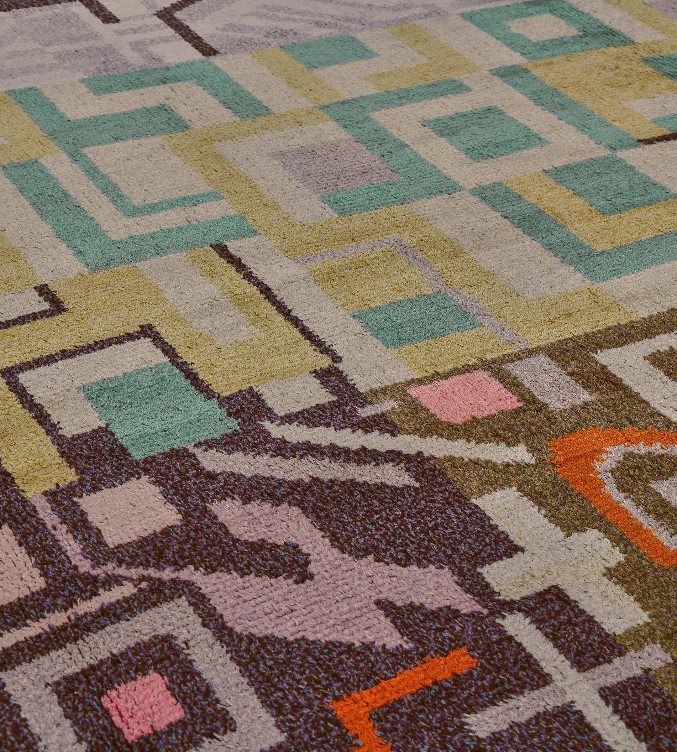 Suédois Tapis déco géométrique noué à la main en laine ancienne de Suède en vente