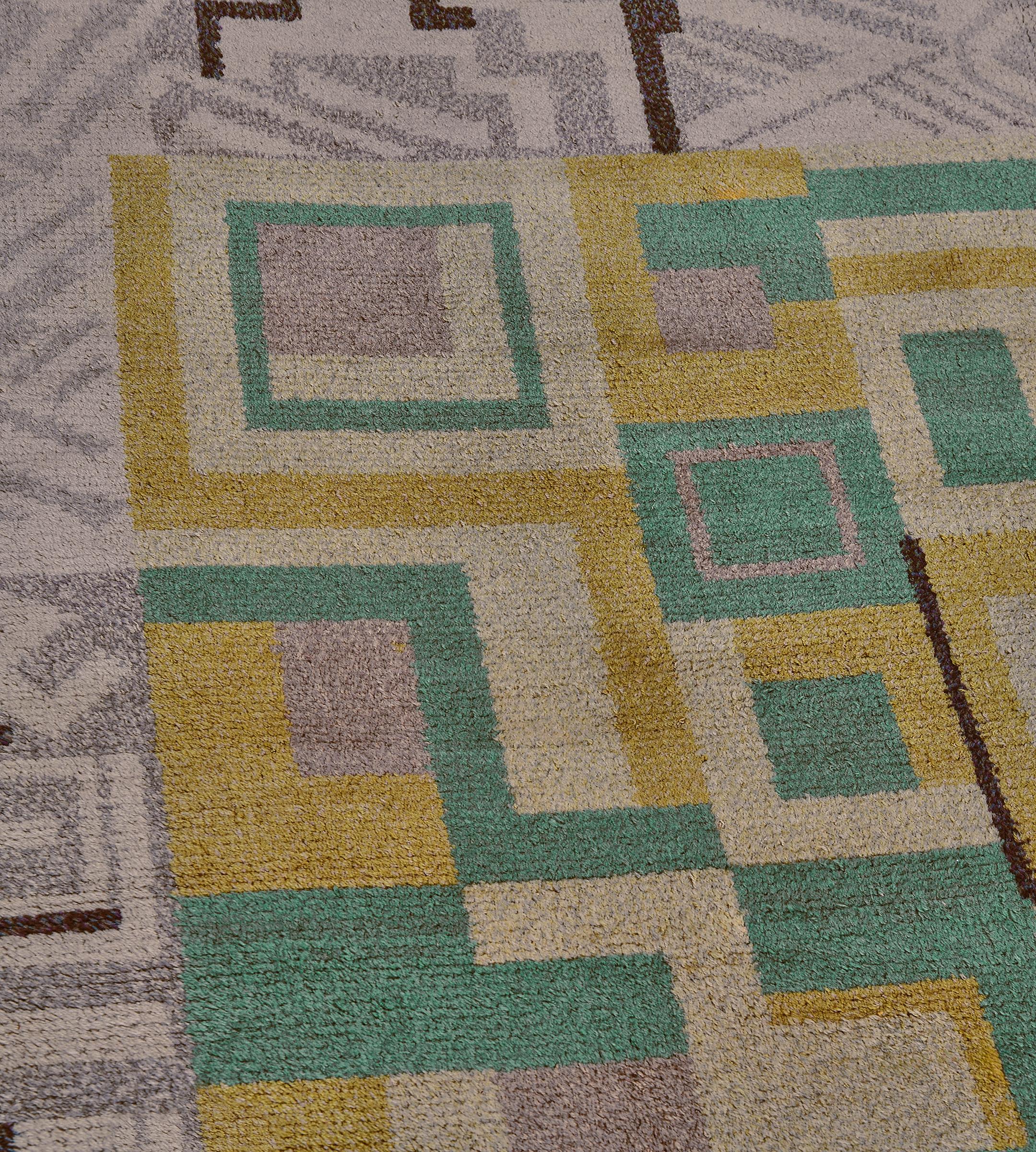 Hand-Woven Hand-Knotted Antique Wool Geometric Deco Rug from Sweden For Sale