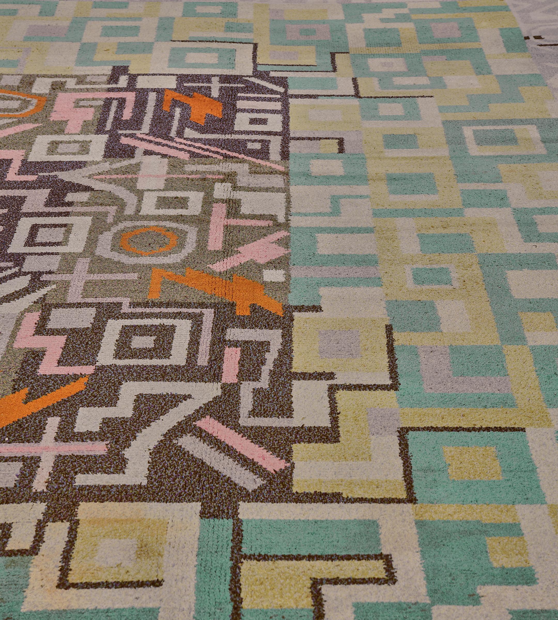 Laine Tapis déco géométrique noué à la main en laine ancienne de Suède en vente