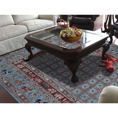 Hand Knotted Antiqued Pazyryk Historical Design Peshawar Oriental Rug