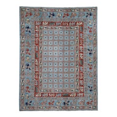 Hand Knotted Antiqued Pazyryk Historical Design Peshawar Oriental Rug