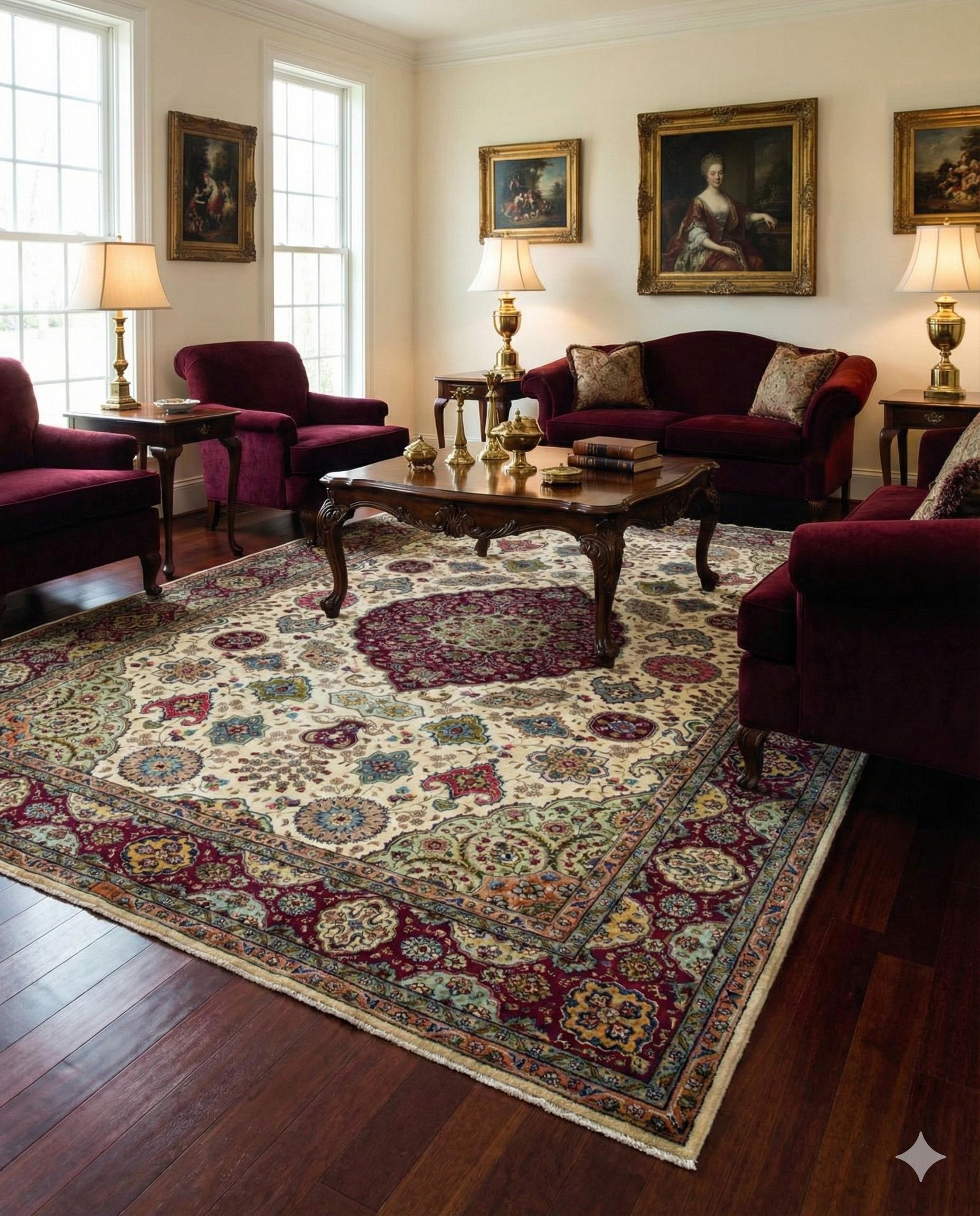 Perse Tapis de sol noué à la main - Style Tabriz - Ivoire Vert Cramoisi en vente