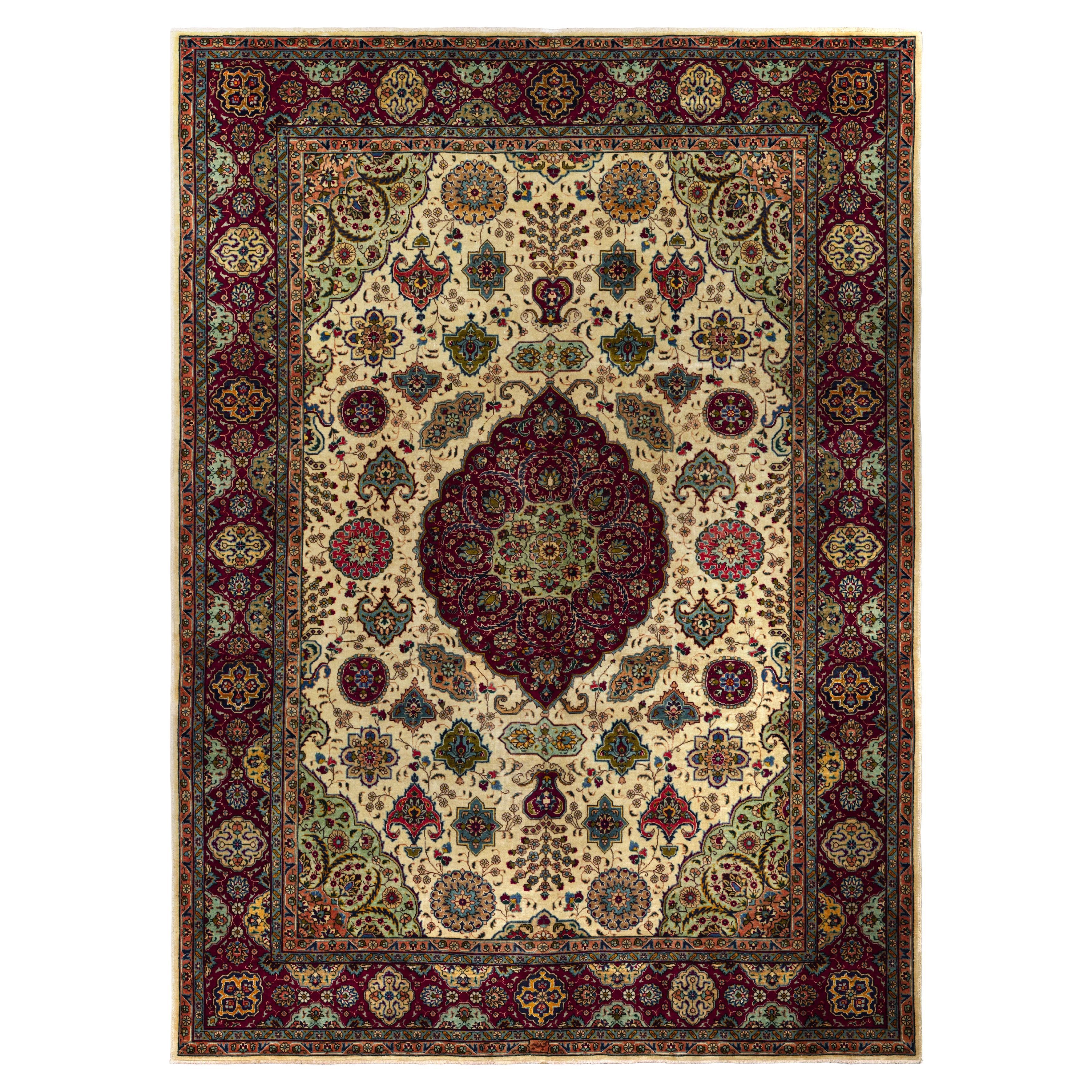 Hand-Knotted Area Rug - Tabriz Style - Ivory Crimson Green