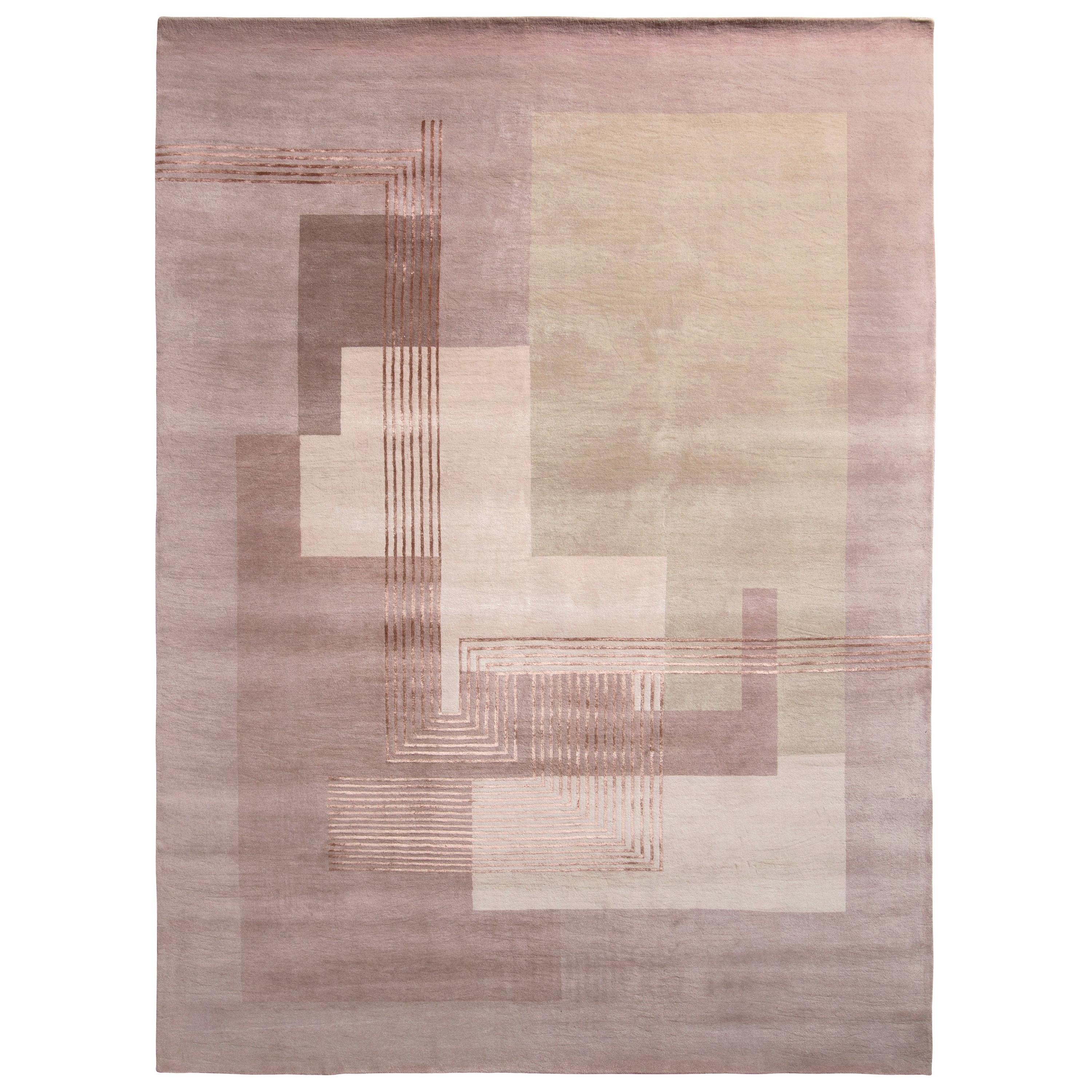 Teppich & Kelim''s Handgeknüpfter Teppich im Art-déco-Stil in Rosa mit geometrischem Muster