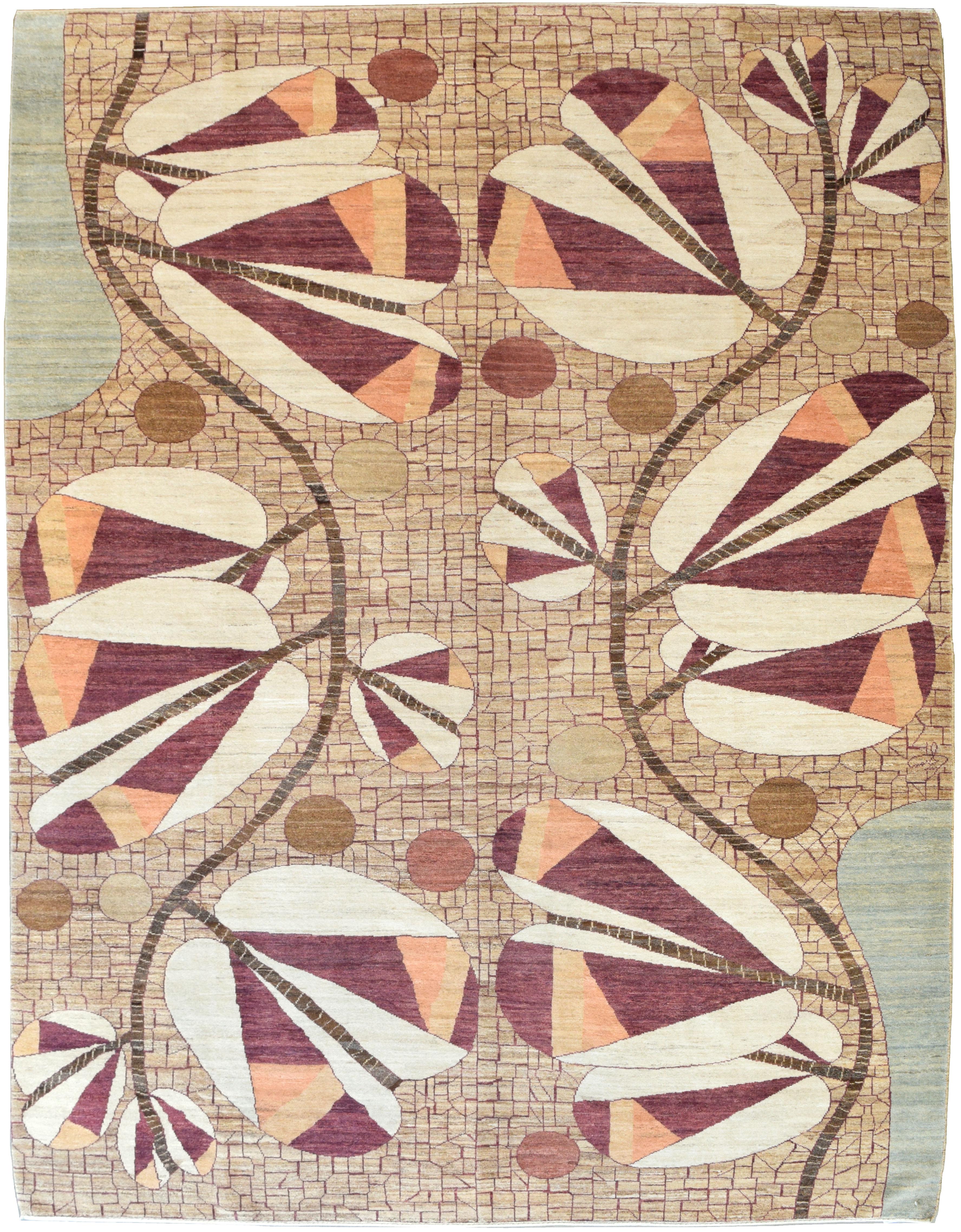 Tappeto in lana Art Deco annodato a mano in marrone, arancione, oro e marrone, 8' x 10' in vendita 2