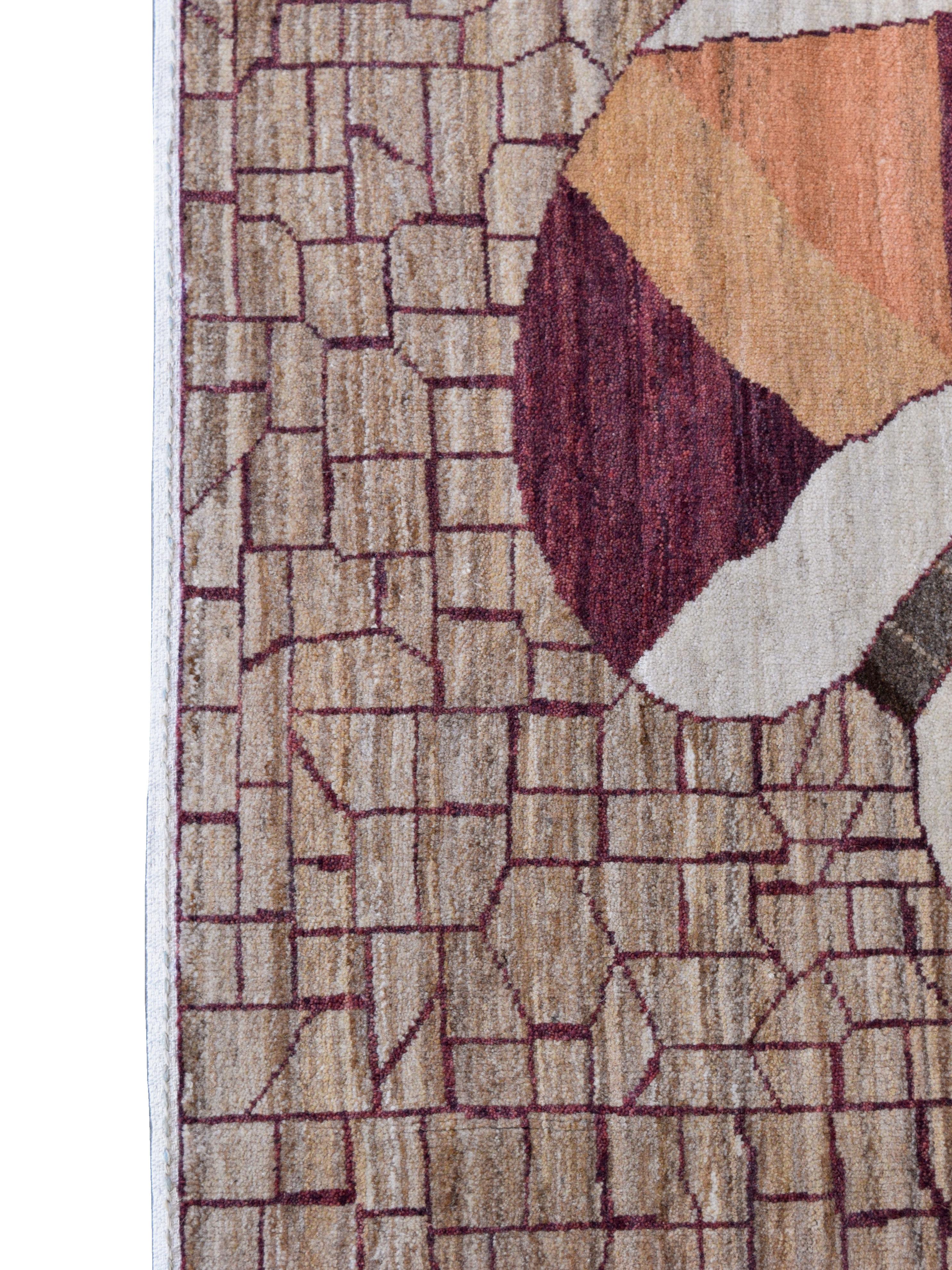 Persiano Tappeto in lana Art Deco annodato a mano in marrone, arancione, oro e marrone, 8' x 10' in vendita