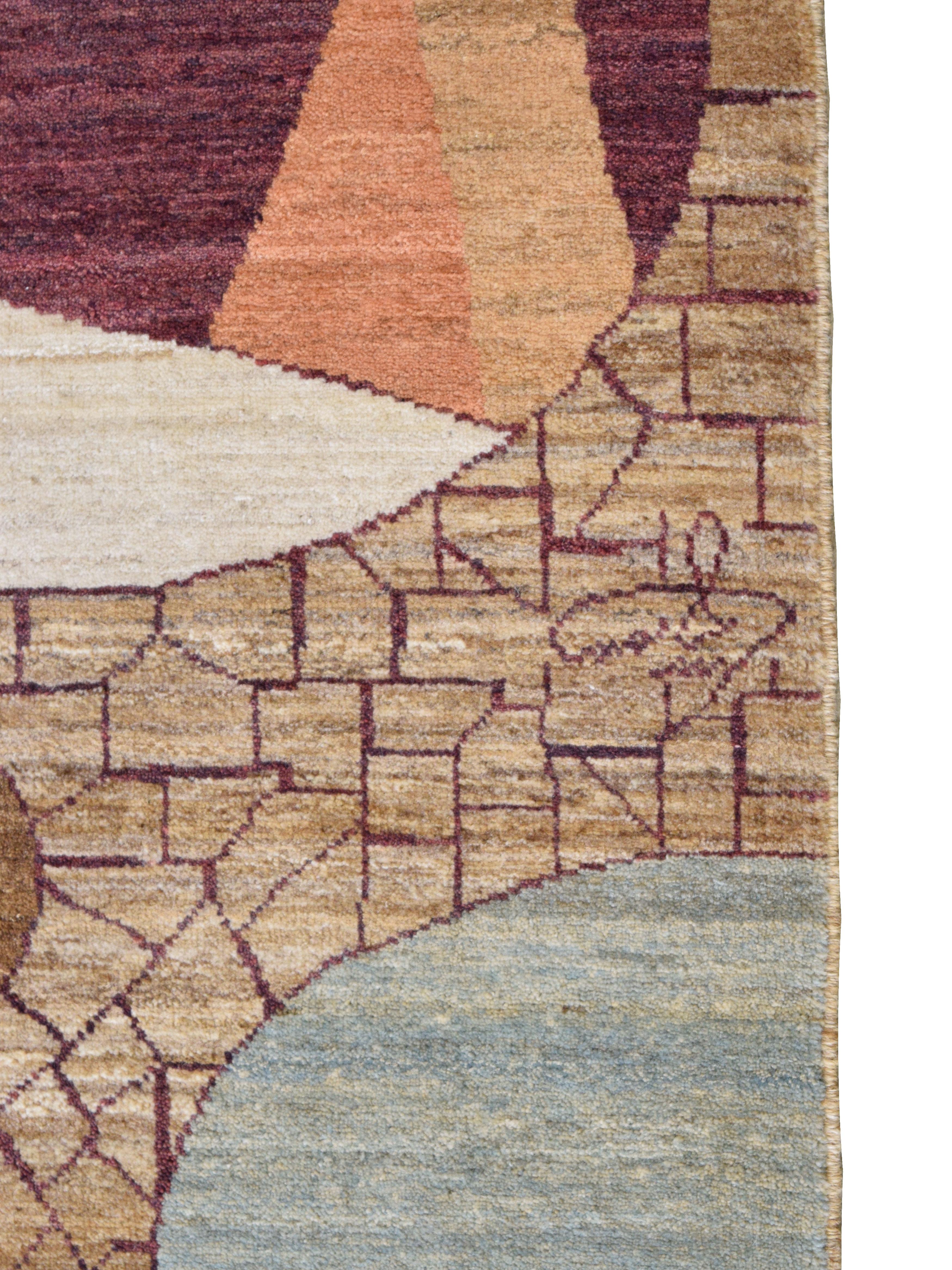 Tintura vegetale Tappeto in lana Art Deco annodato a mano in marrone, arancione, oro e marrone, 8' x 10' in vendita