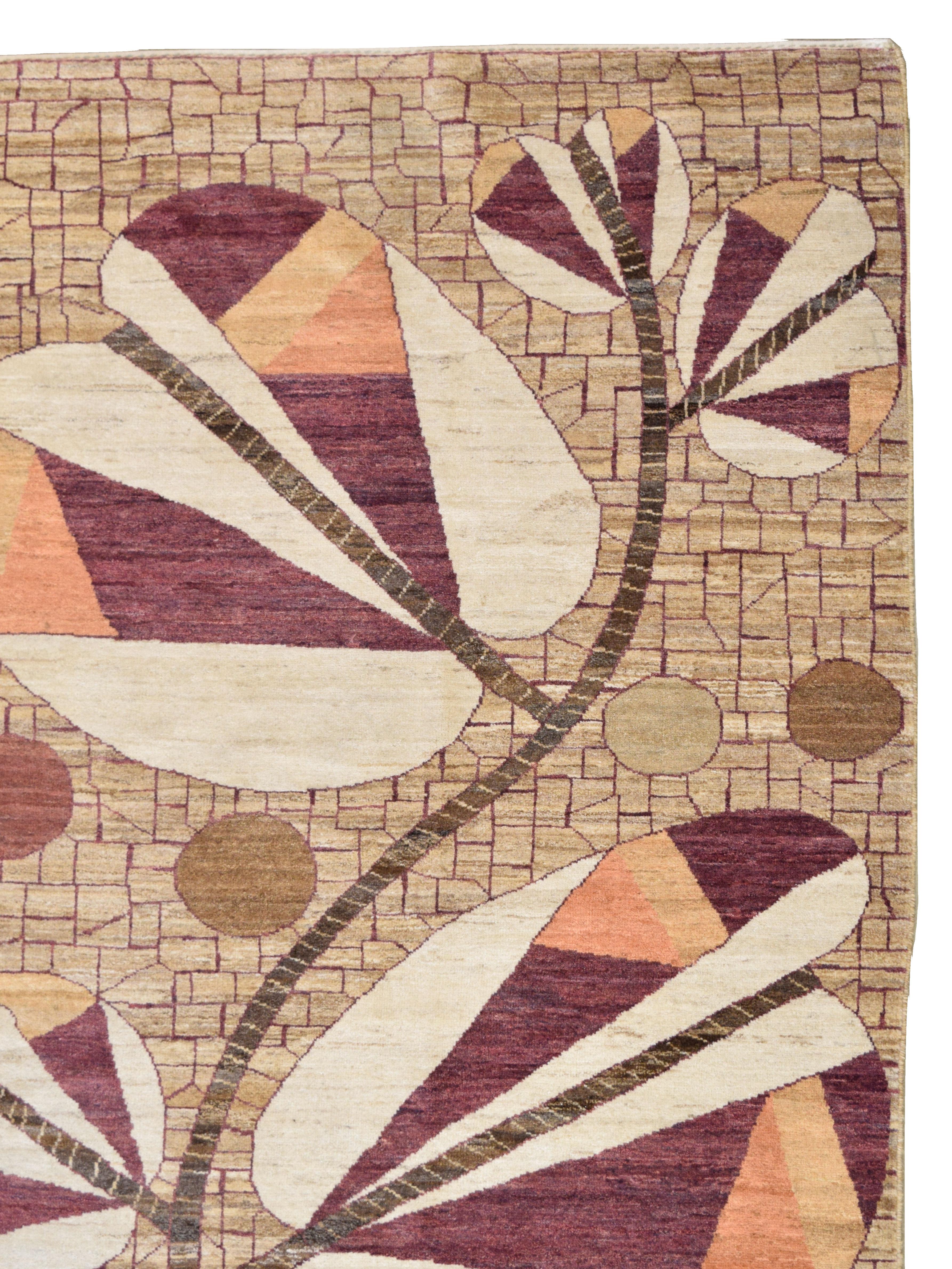 Tappeto in lana Art Deco annodato a mano in marrone, arancione, oro e marrone, 8' x 10' In condizioni Nuovo in vendita a New York, NY