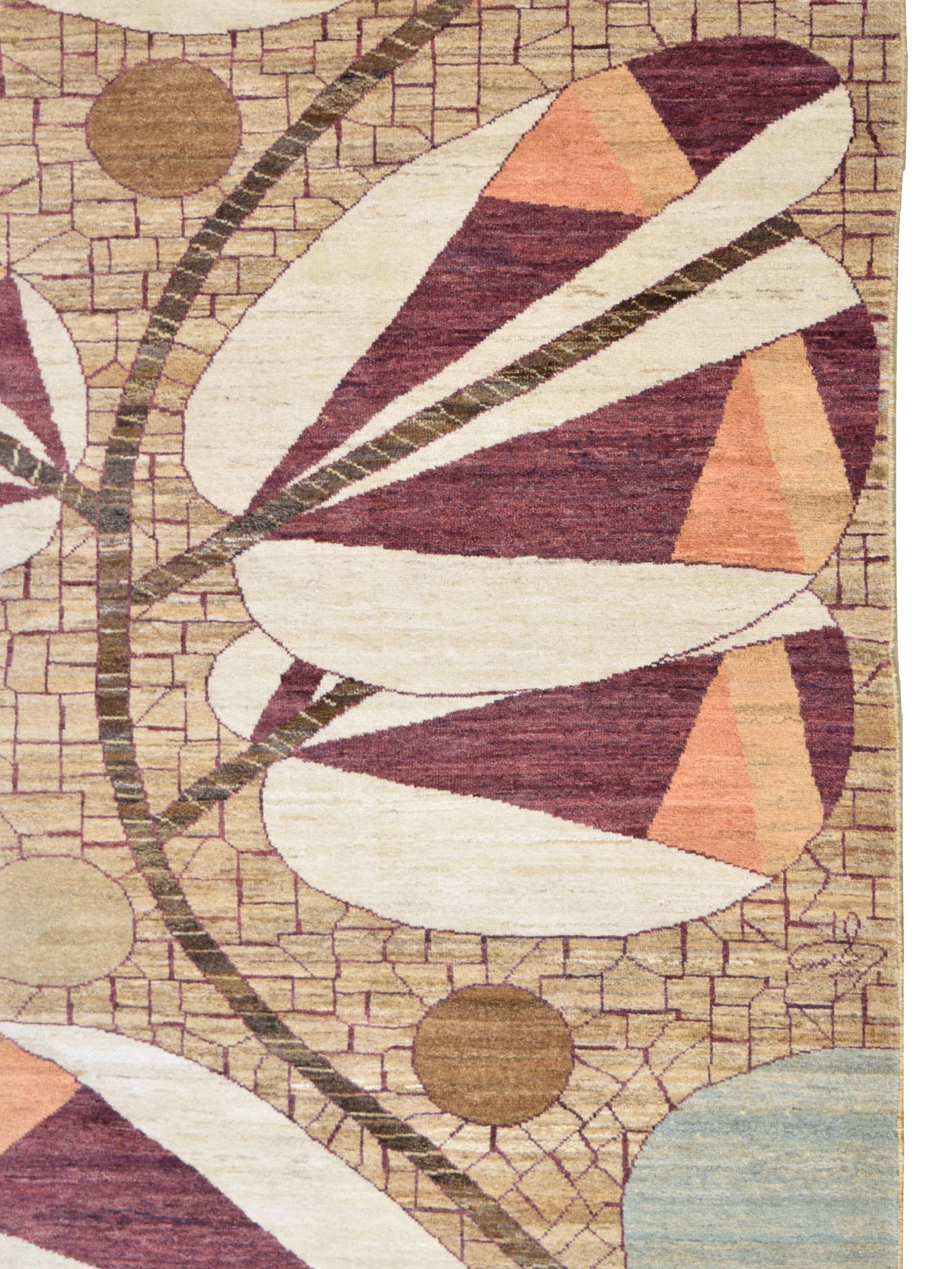 XXI secolo e contemporaneo Tappeto in lana Art Deco annodato a mano in marrone, arancione, oro e marrone, 8' x 10' in vendita
