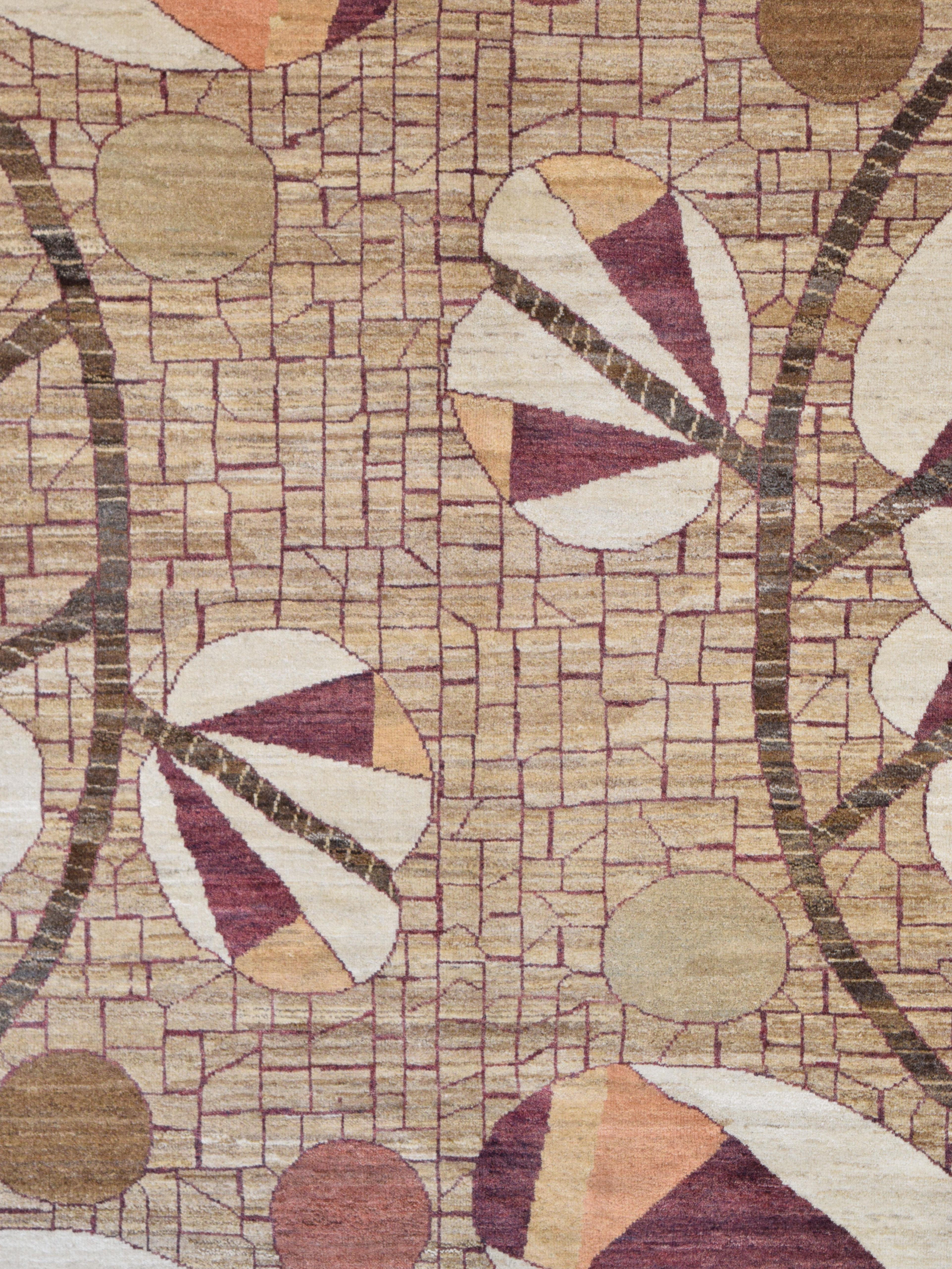 Lana Tappeto in lana Art Deco annodato a mano in marrone, arancione, oro e marrone, 8' x 10' in vendita