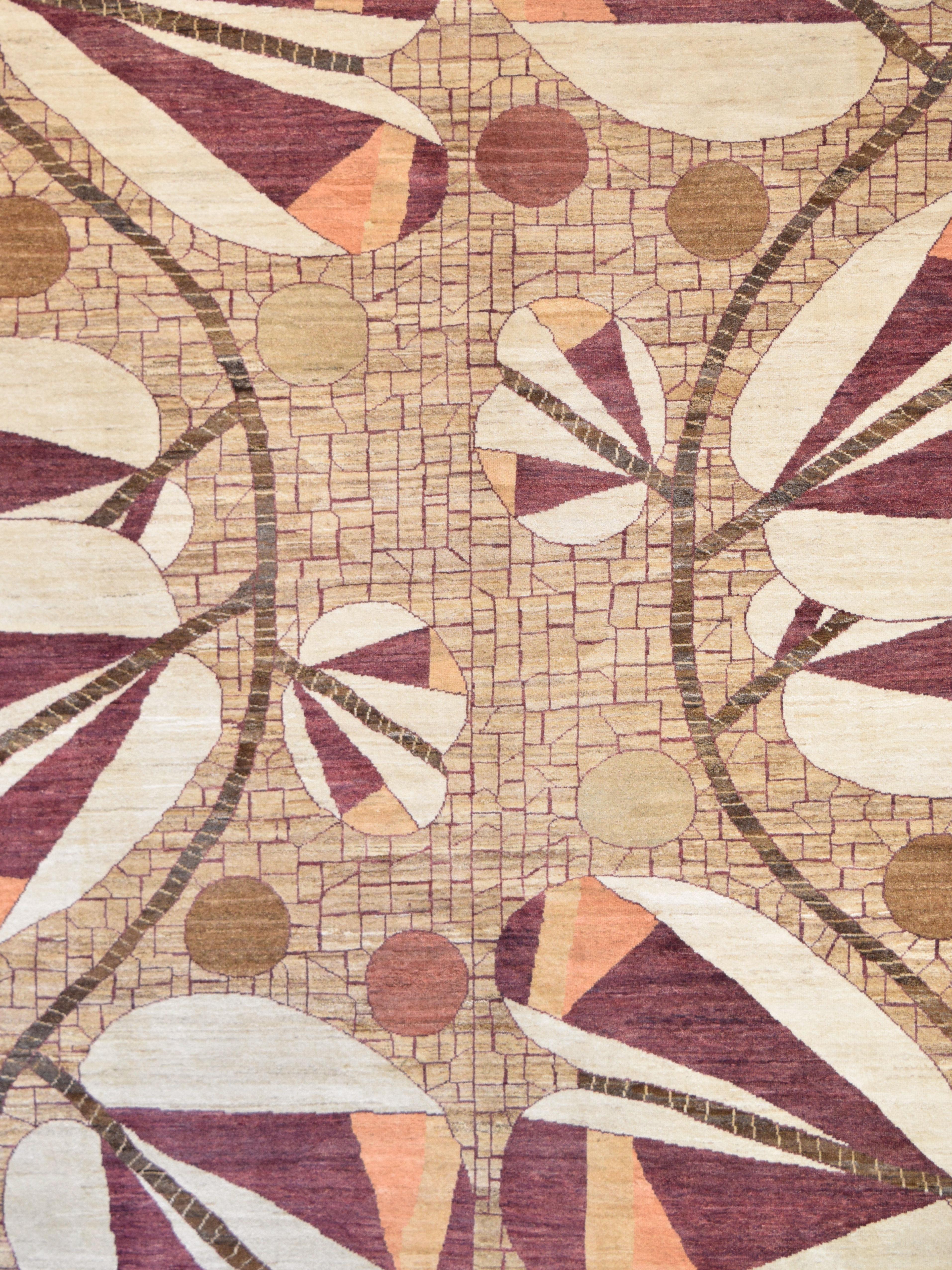 Tappeto in lana Art Deco annodato a mano in marrone, arancione, oro e marrone, 8' x 10' in vendita 1