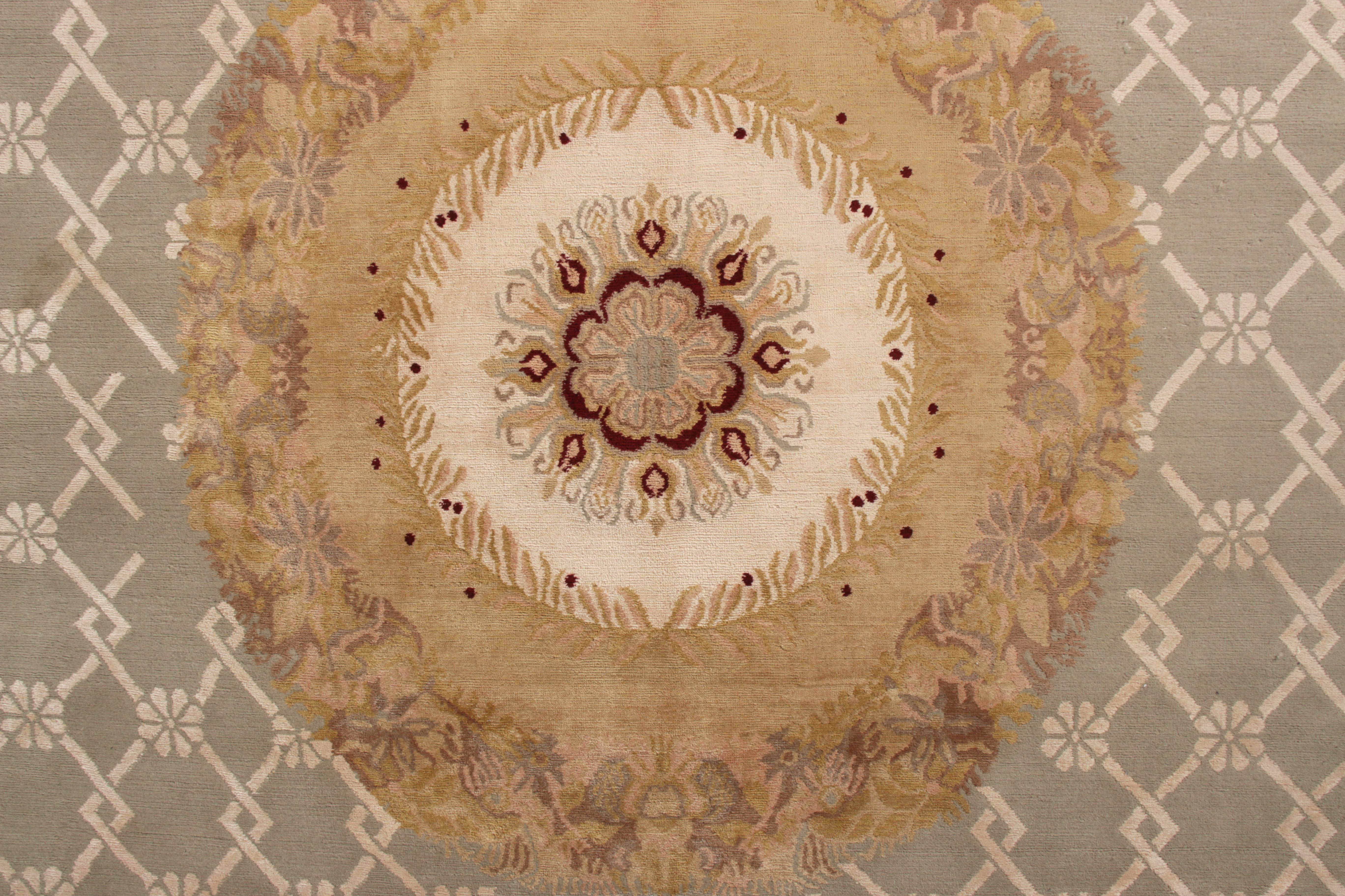 Nepalese Rug & Kilim's Hand Knotted Aubusson Style Rug in Beige-Brown Medallion Pattern