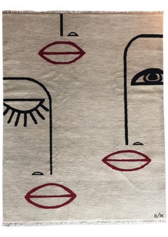 Rug  Ladies - Neutral Beige Afghan Carpet Handknotted Wool  Face Red Lip Black