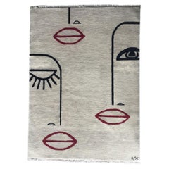 Ladies - Modern Neutral Beige Afghan Handknotted Wool Rug w/ Face Red Lip Rustic
