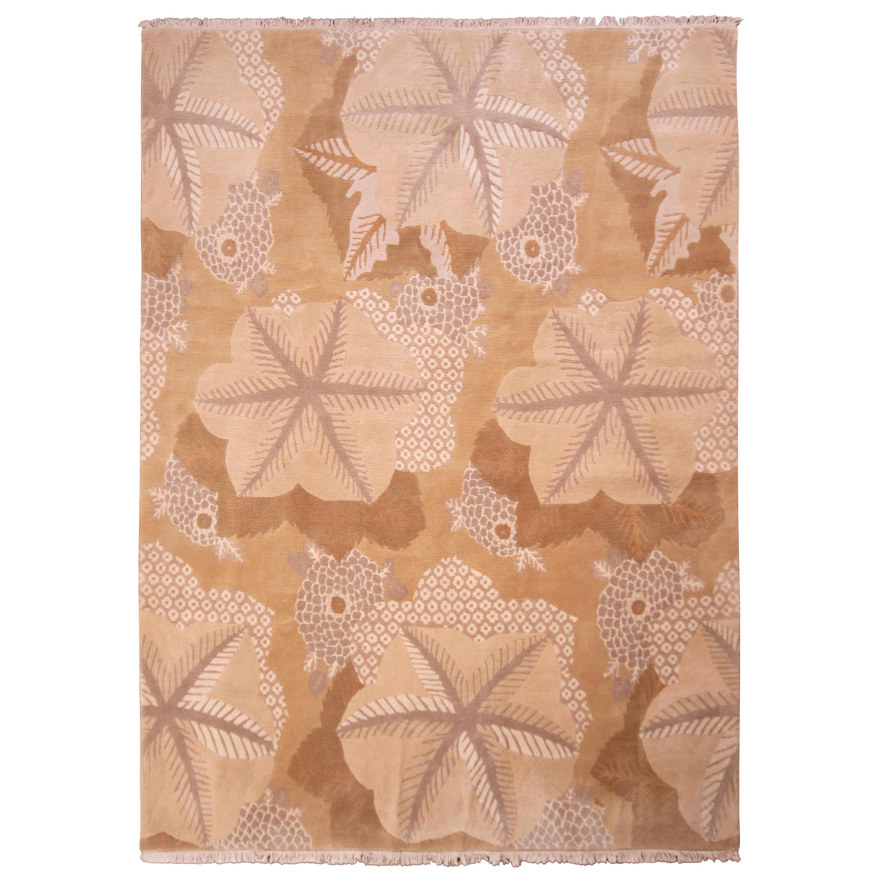 Alfombra anudada a mano Rug & Kilim's Beige Marrón Alfombra Moderna Diseño Floral Personalizado