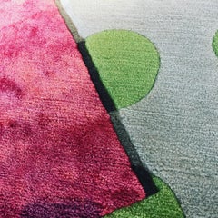 Rug Green Dots - Modern Unique Geometric Grey Wool and Silk with Red and Green