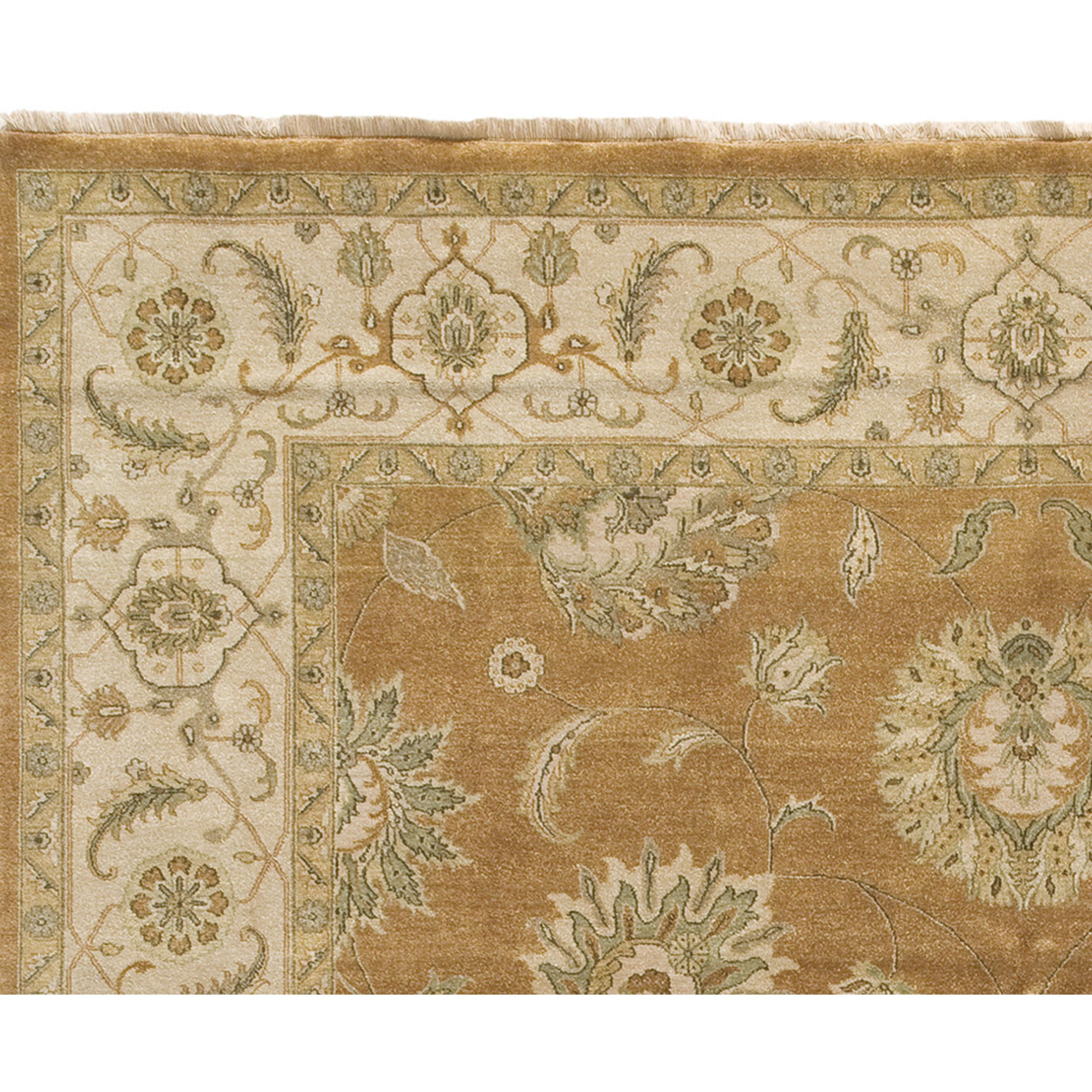 Indian Luxury Traditional Hand-Knotted Benares Agra Bronze/Ivory 12x15 Rug For Sale