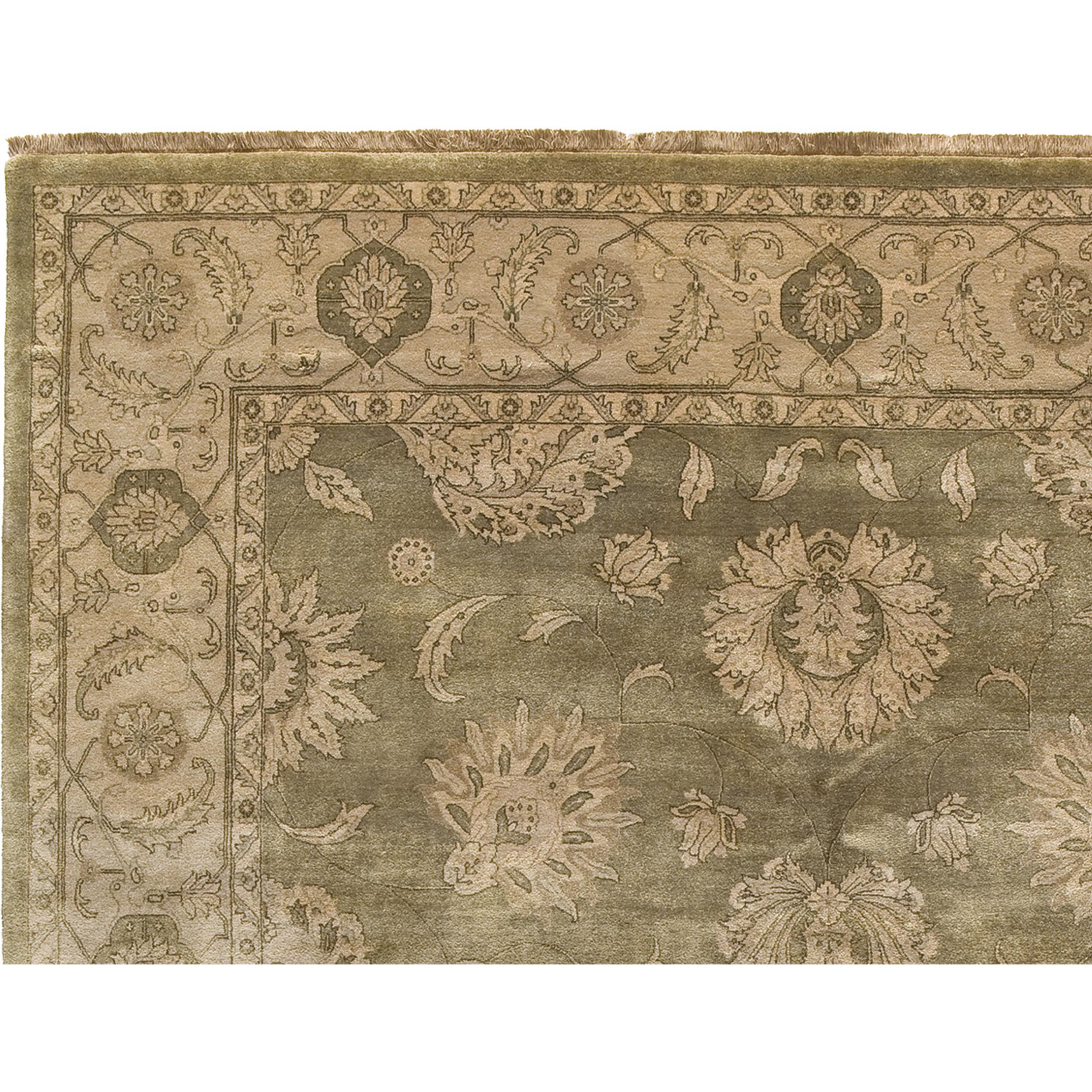 Indian Luxury Traditional Hand-Knotted Benares Agra Sage/Ivory 10x14 Rug For Sale