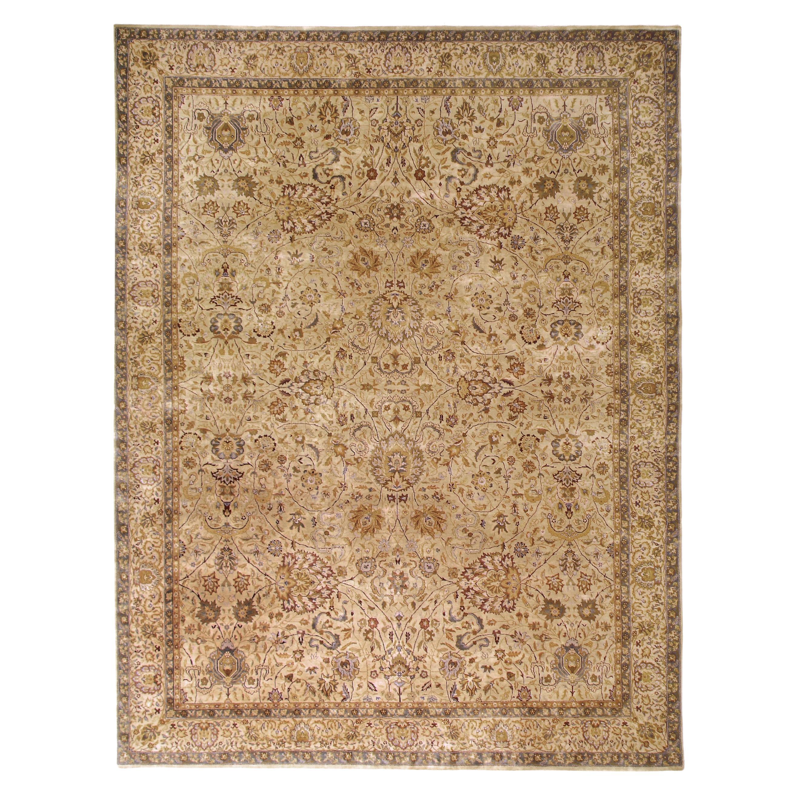 Luxury Traditional Hand-Knotted Benares Kashan Cream/Ivory 10x14 Rug For Sale