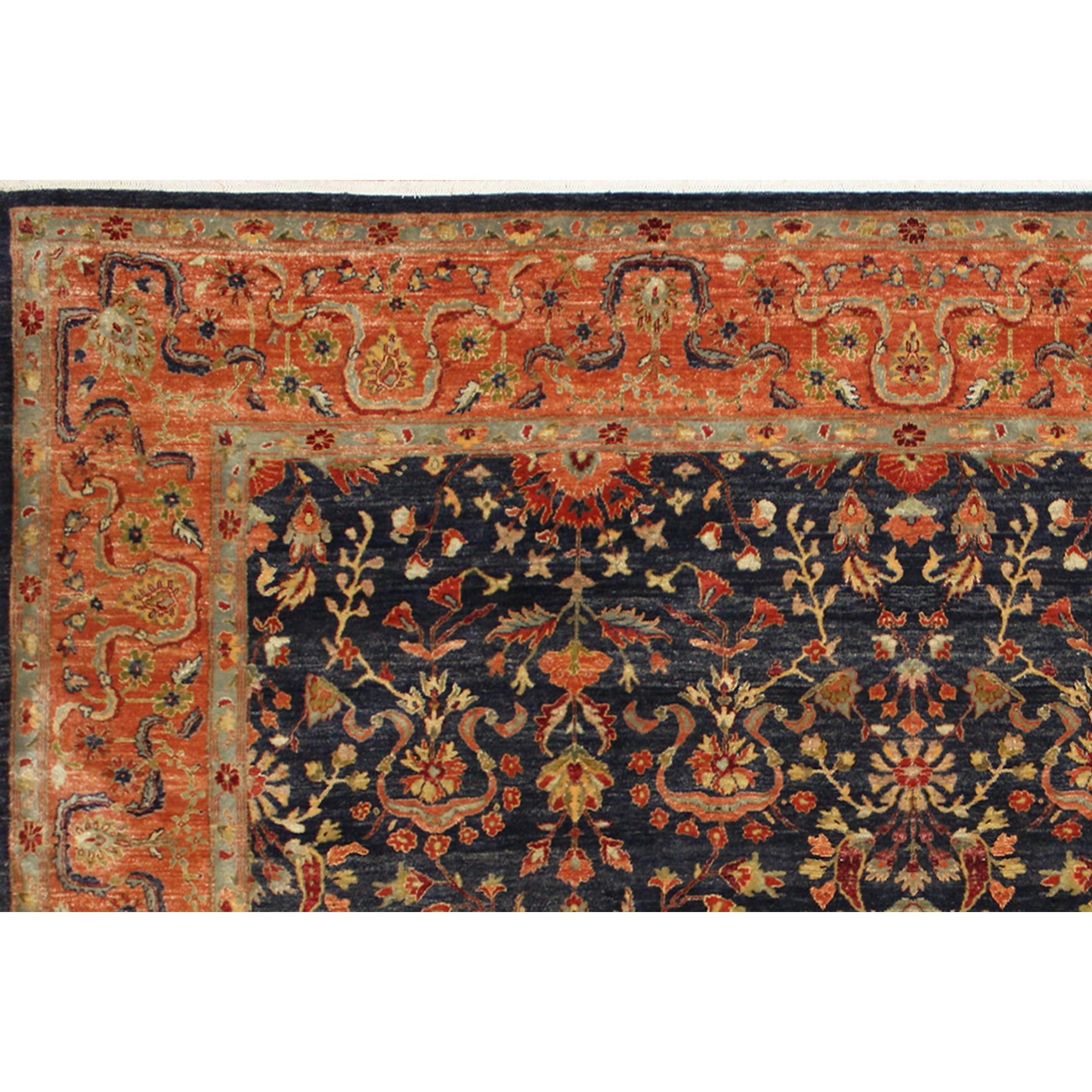 Agra Luxury Traditional Hand-Knotted Bengal Sarouk Navy/Salmon 12x15 Rug For Sale
