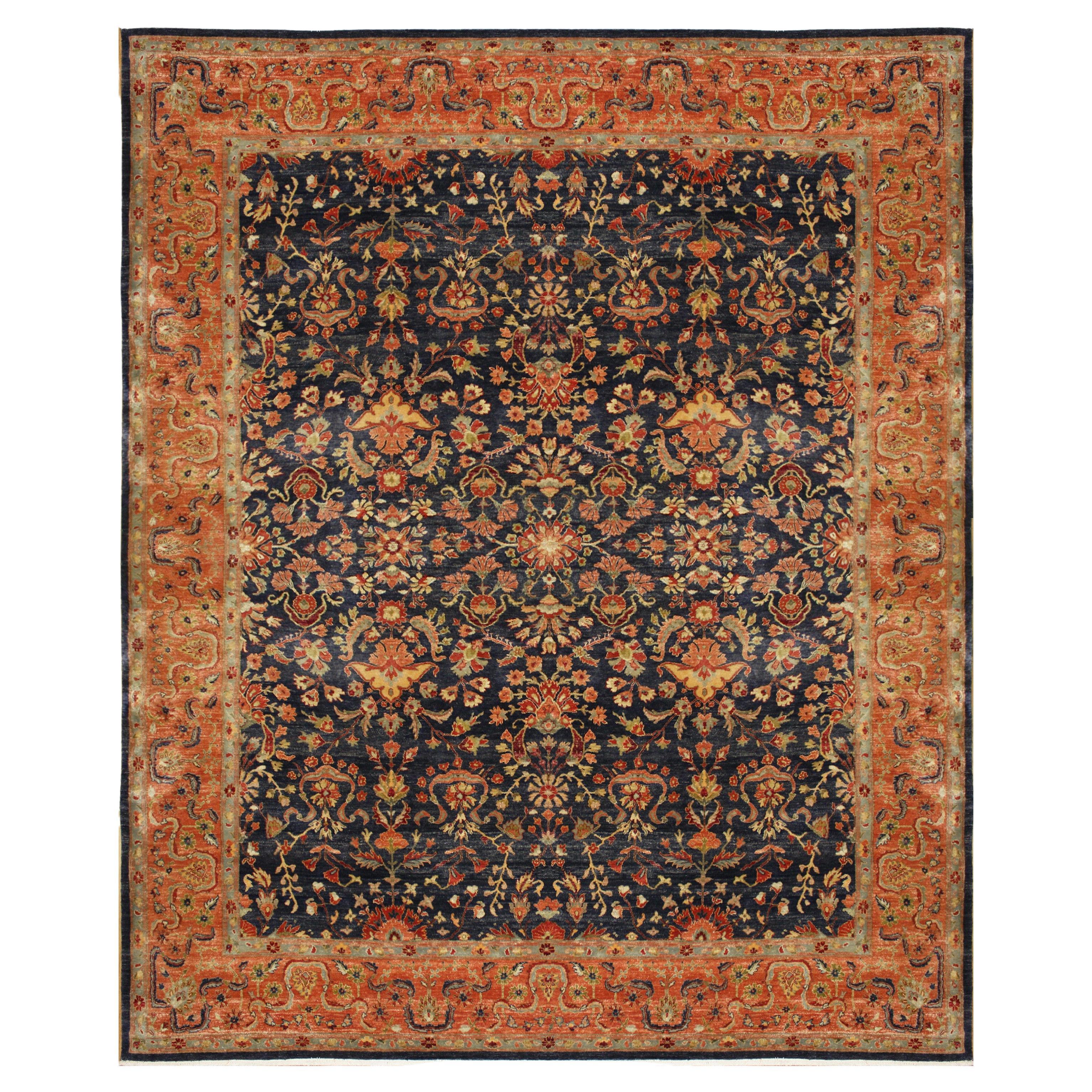 Luxury Traditional Hand-Knotted Bengal Sarouk Navy/Salmon 12x15 Rug For Sale
