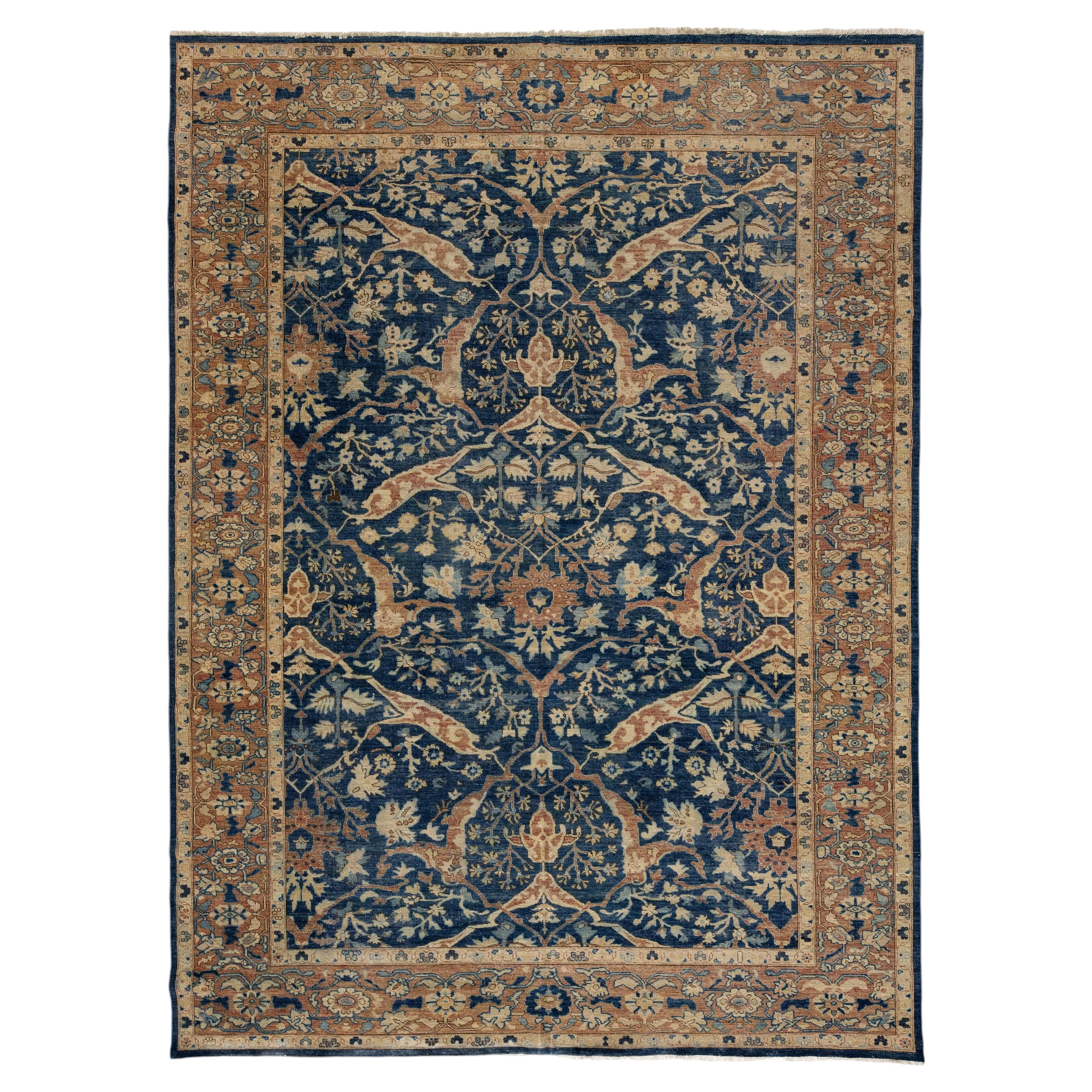 Hand-Knotted Bidjar Vintage Style Wool Rug Midnight Blue Floral Arabesque
