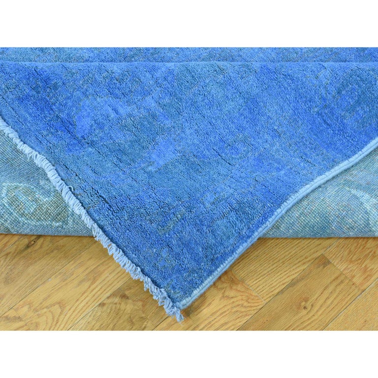Hand Knotted Blue Cast Ikat Overdyed Pure Wool Wide Runner Rug For Sale