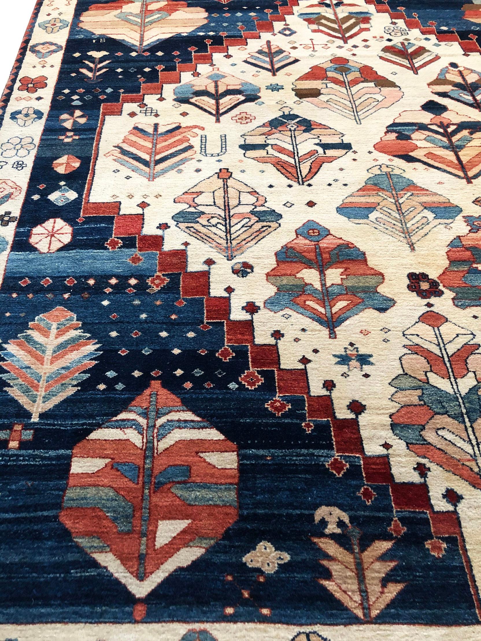 Hand Knotted Blue Cream Geometric Turkish Rug, circa 1980 9