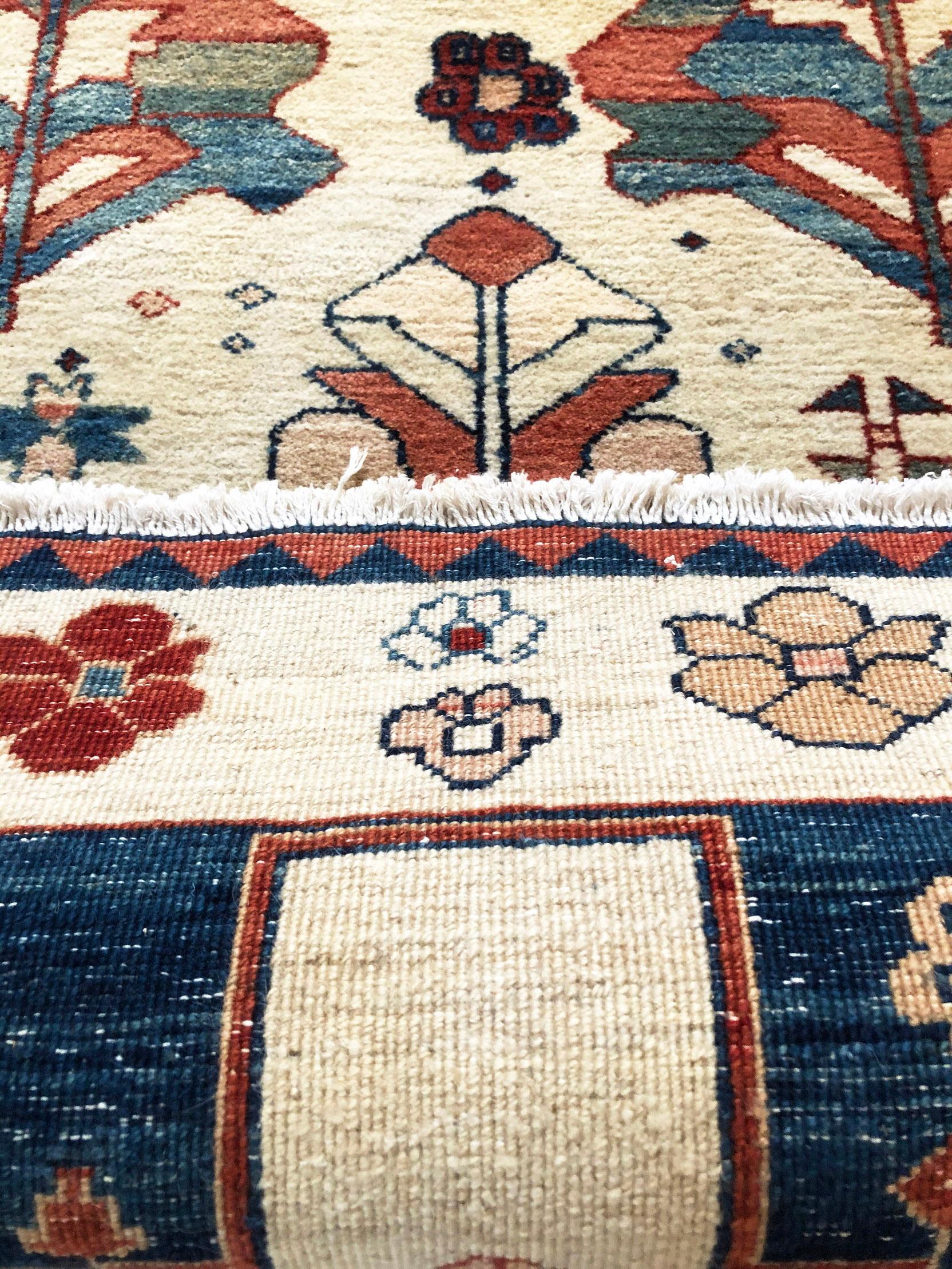 Hand Knotted Blue Cream Geometric Turkish Rug, circa 1980 10