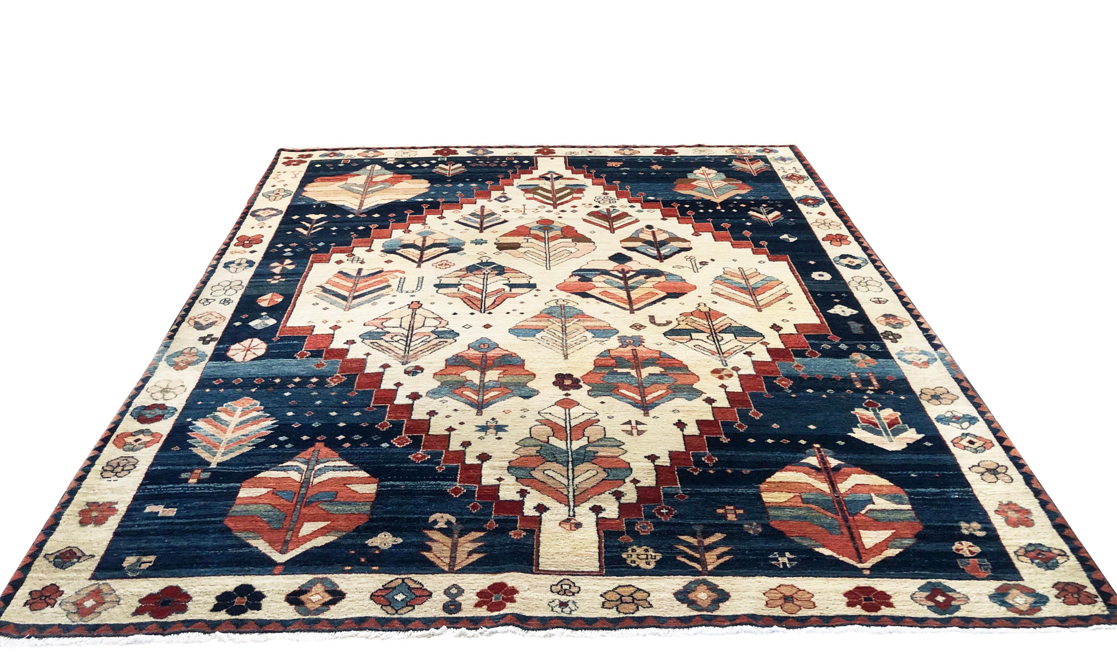 Authentic handwoven Turkish (Izmir) rug has wool pile and wool foundation (Veggie Dye). This rug has a geometric design with artistically impressive flower motifs. This piece is from 1980s and it is a great fit for transitional or modern setting.