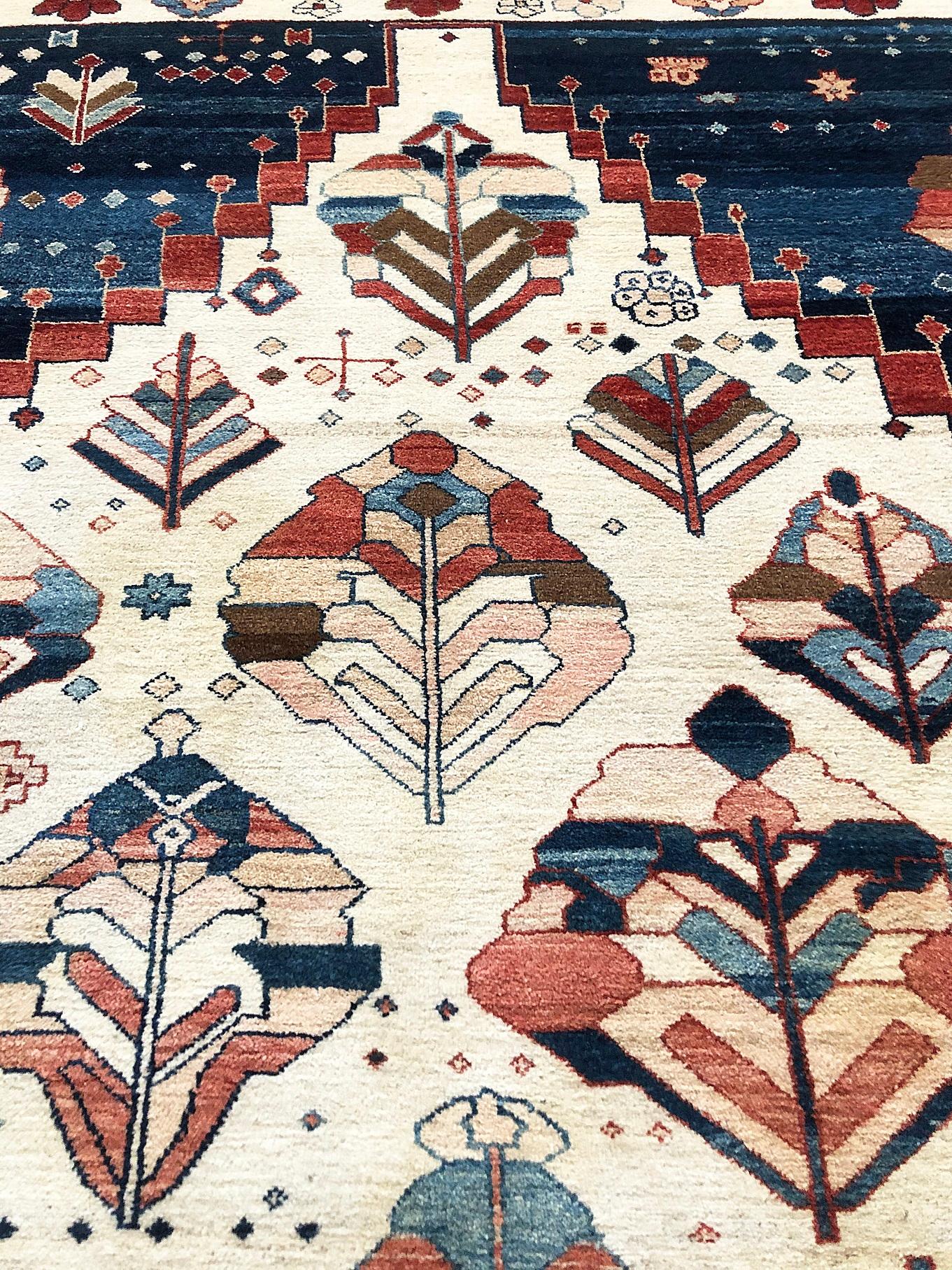 Tribal Hand Knotted Blue Cream Geometric Turkish Rug, circa 1980