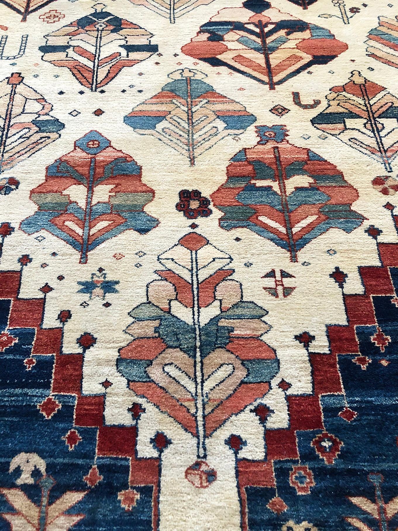 Hand-Knotted Hand Knotted Blue Cream Geometric Turkish Rug, circa 1980
