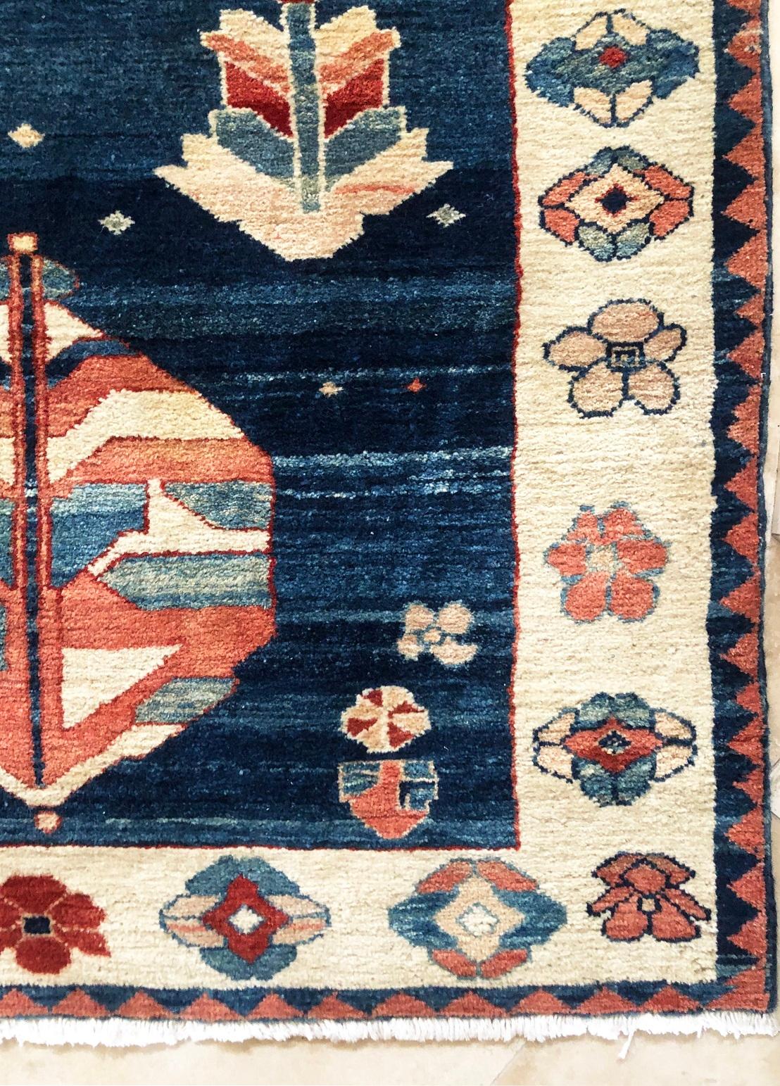 Late 20th Century Hand Knotted Blue Cream Geometric Turkish Rug, circa 1980