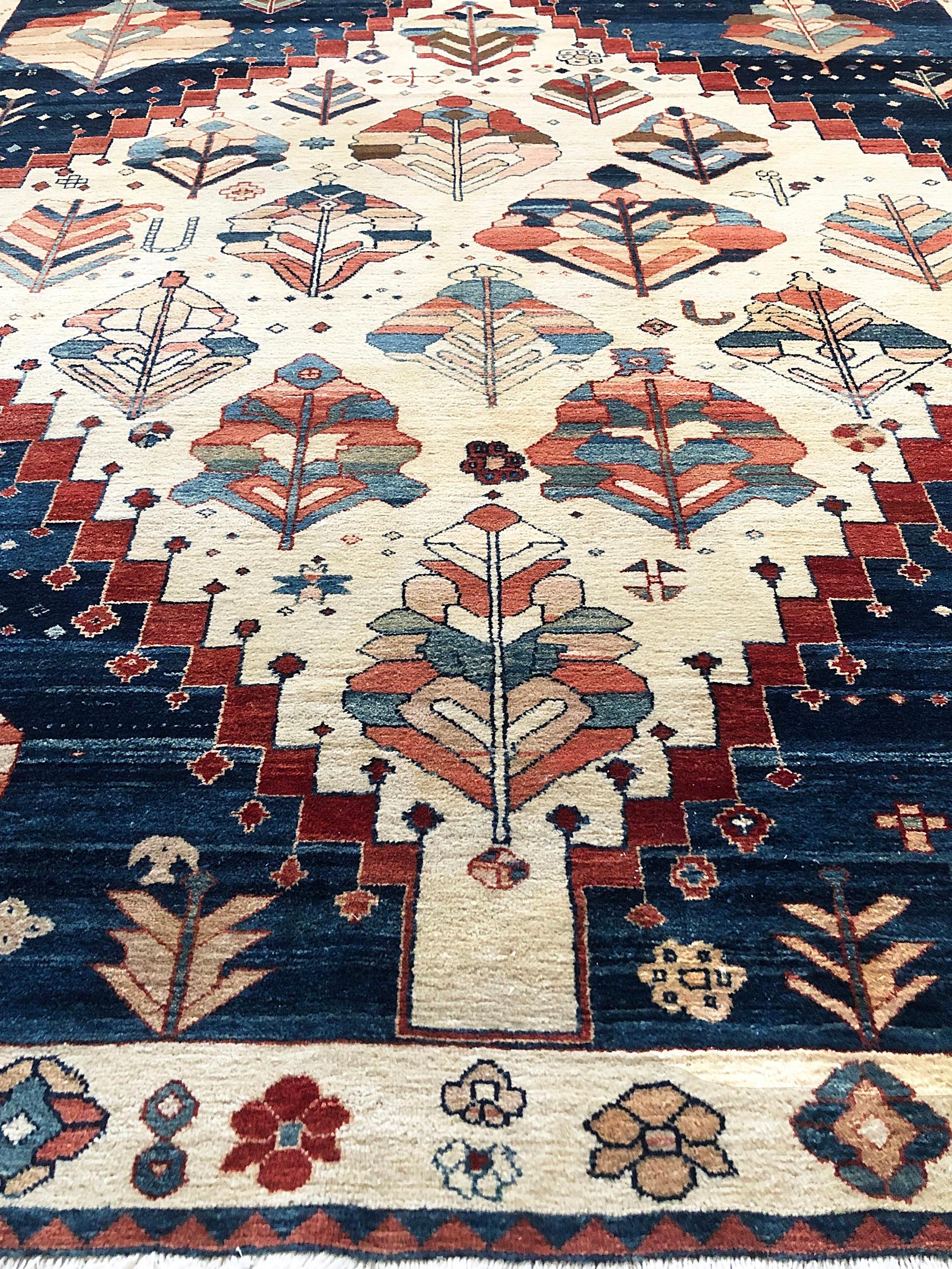 Hand Knotted Blue Cream Geometric Turkish Rug, circa 1980 2