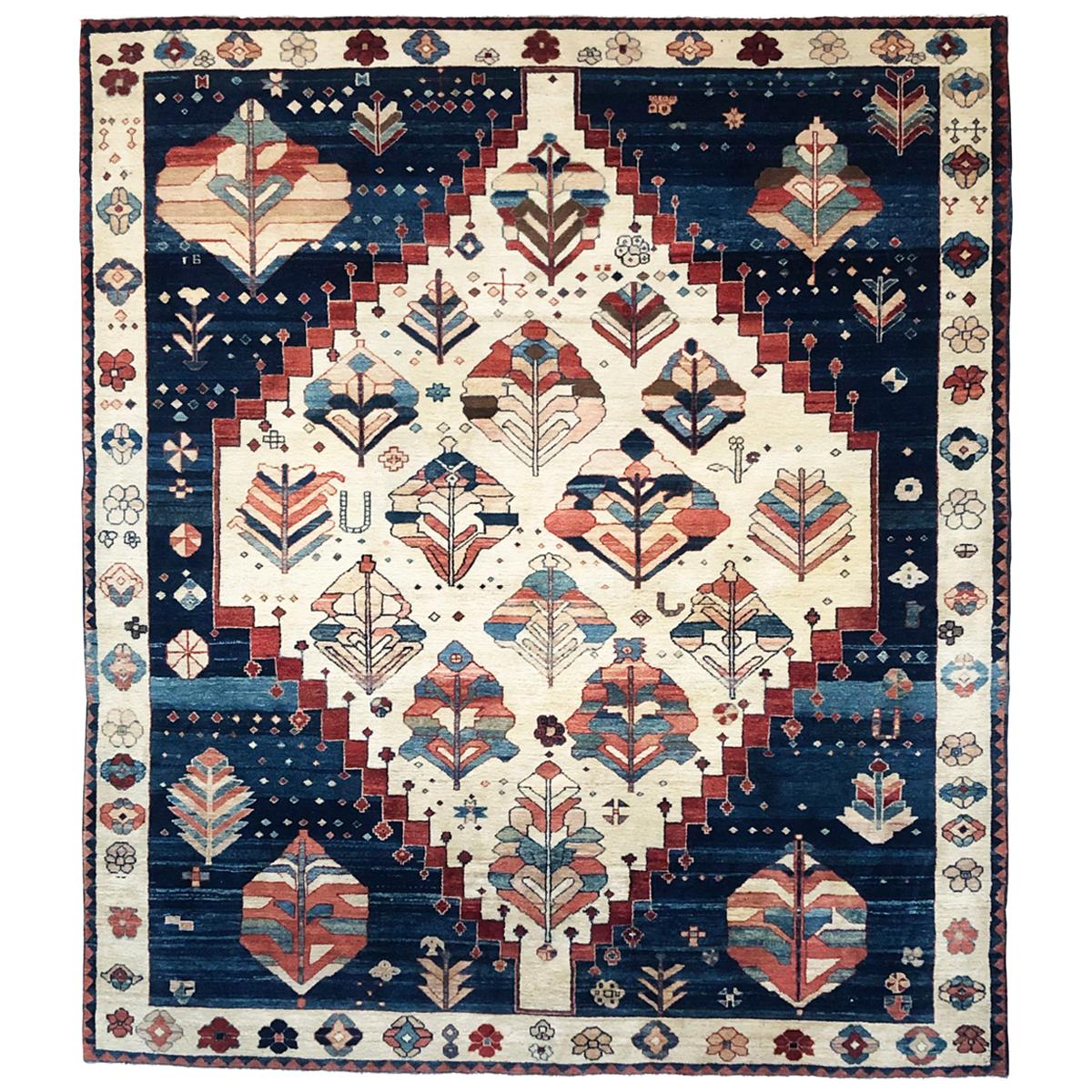 Hand Knotted Blue Cream Geometric Turkish Rug, circa 1980