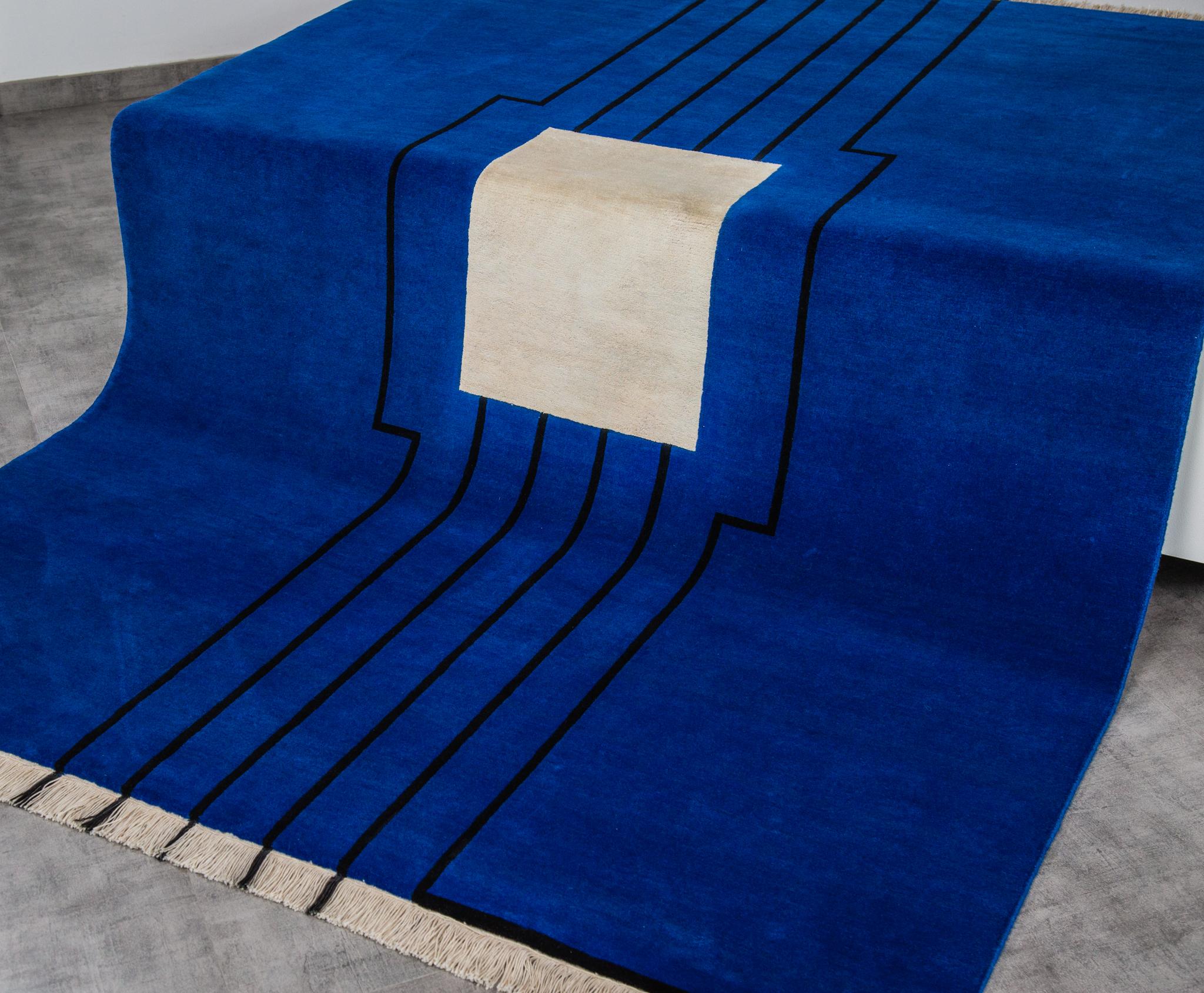 Disobedience - Modern Geometric Blue Beige Black Striped Wool Silk Rug Wool For Sale 6