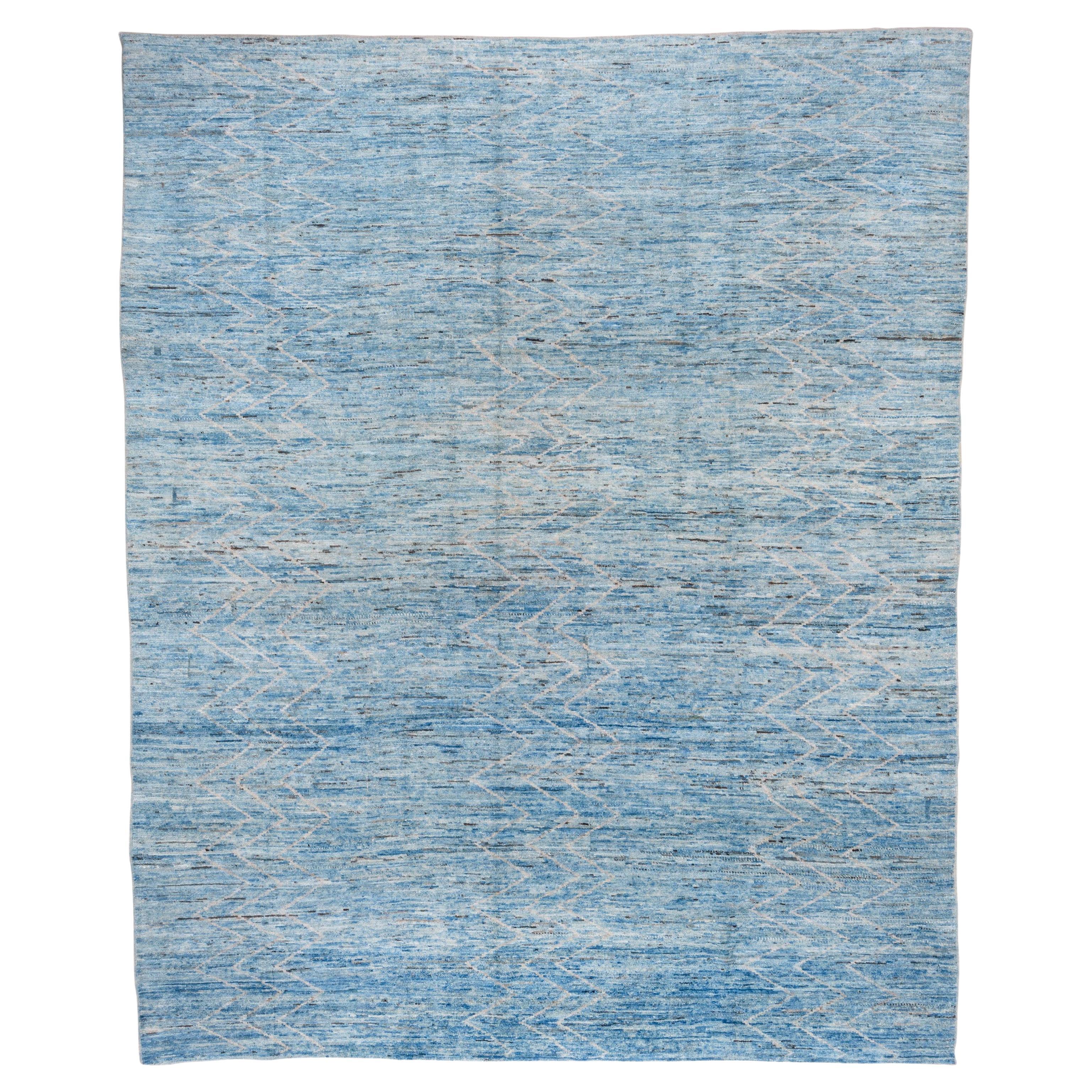 Hand Knotted Bright Blue Modern Moroccan Style Carpet, Modern Design
