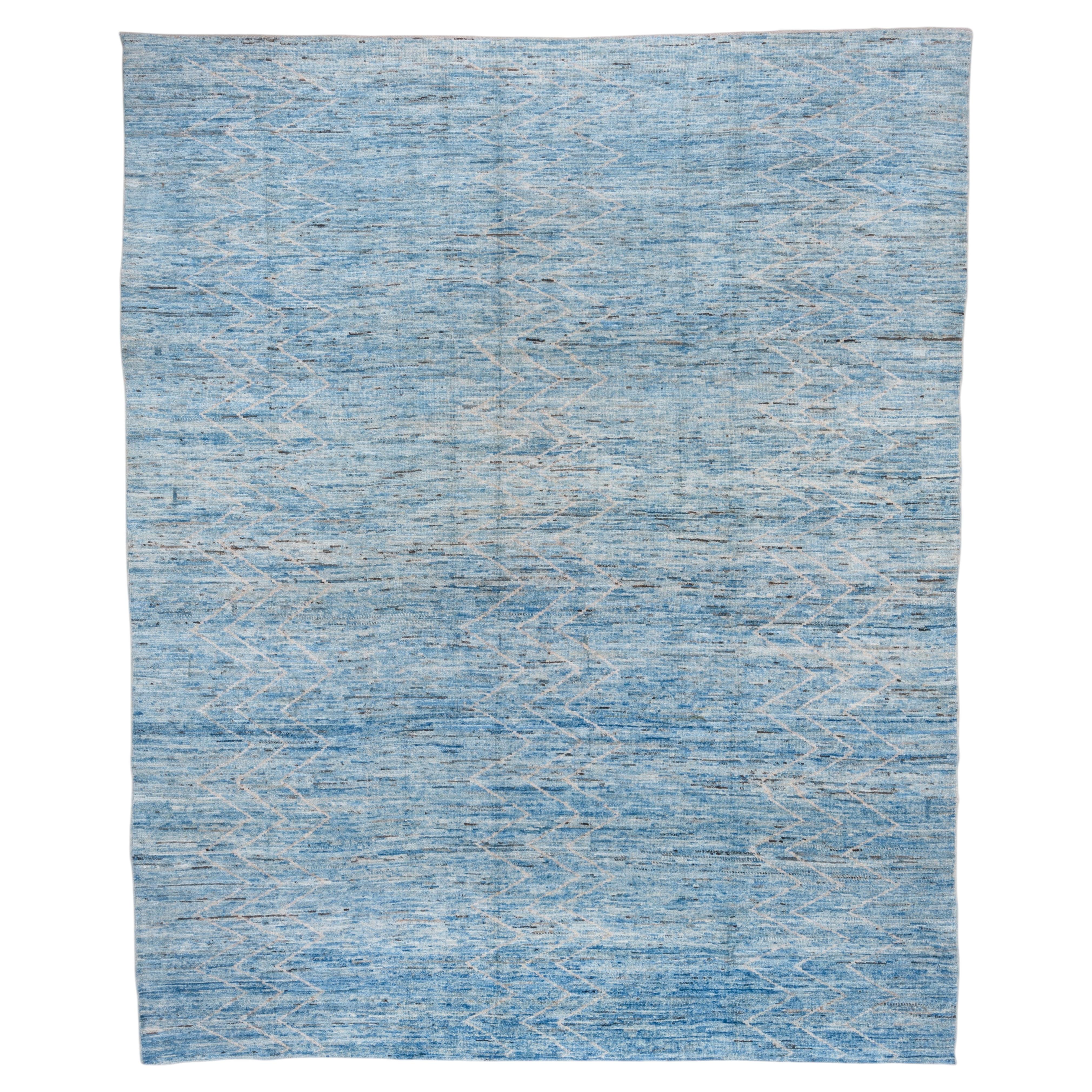 Hand Knotted Bright Blue Modern Moroccan Style Carpet, Modern Design