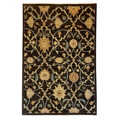Hand-Knotted Brown, Gold Floral Wool Rug with Botanical Lattice Design, 4' x 6'