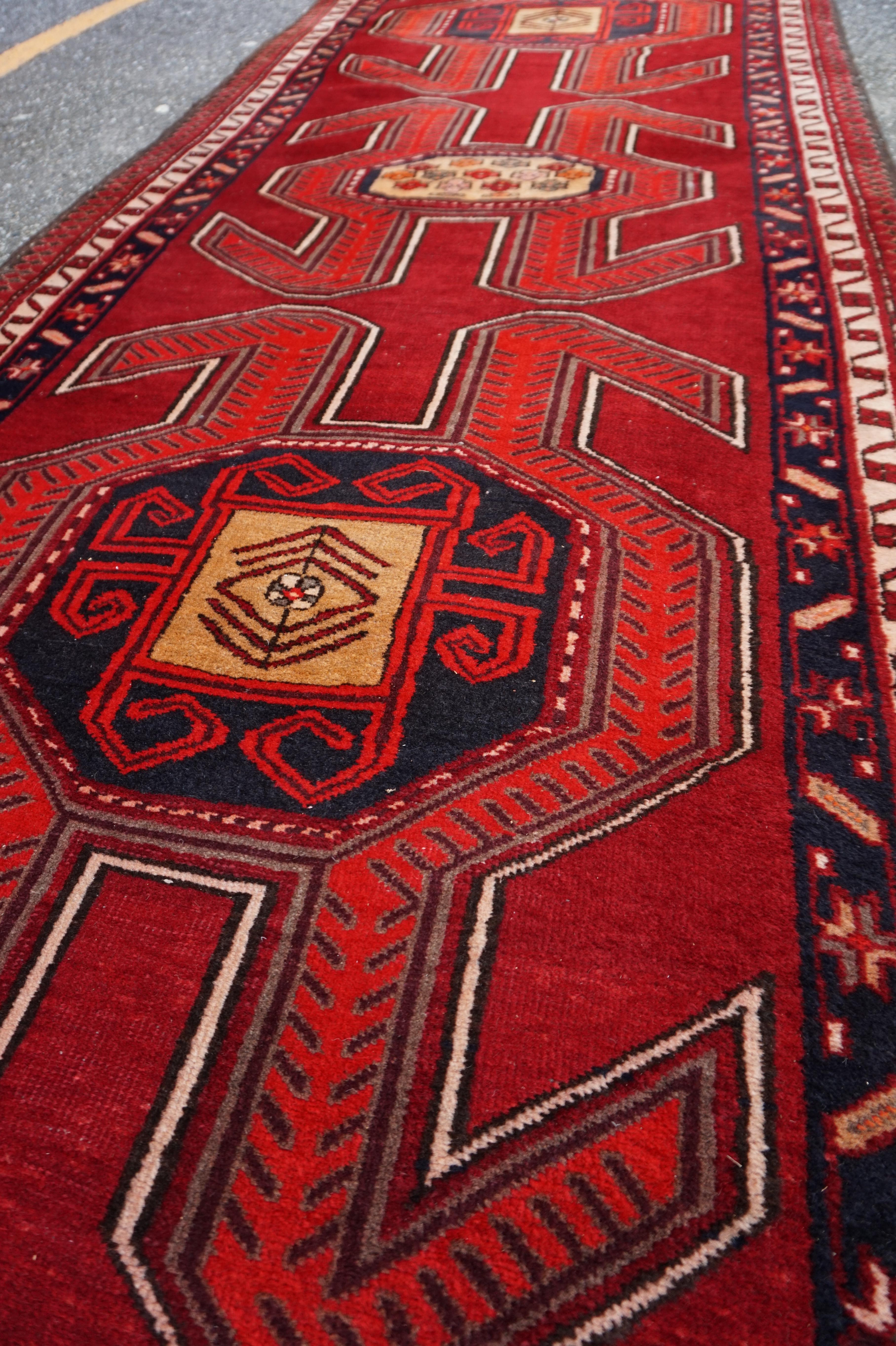 Hand Knotted Caucasus Tribal Runner Bold Symbolism & Vibrant Colours In Good Condition For Sale In Vancouver, British Columbia