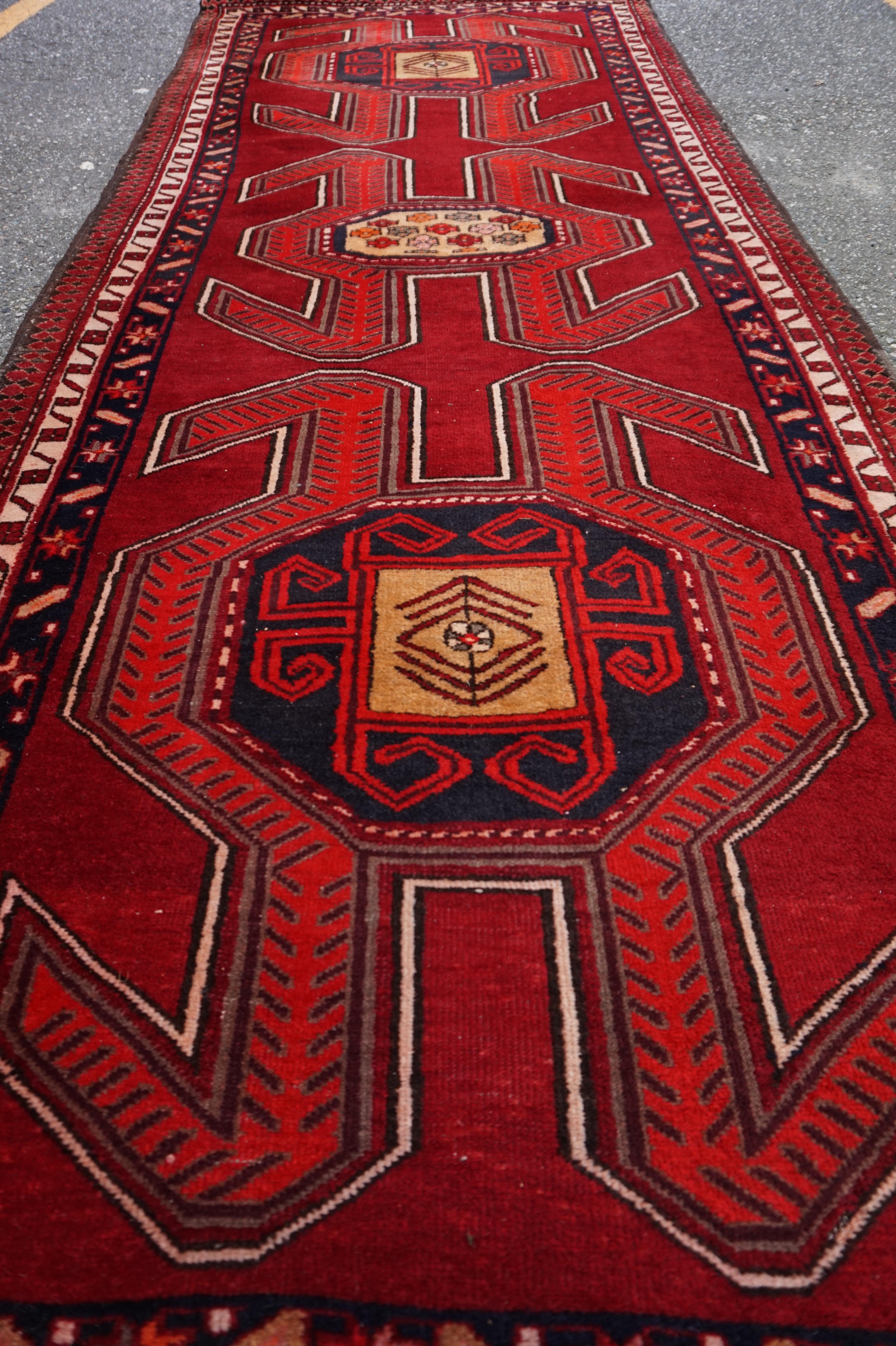 Wool Hand Knotted Caucasus Tribal Runner Bold Symbolism & Vibrant Colours For Sale