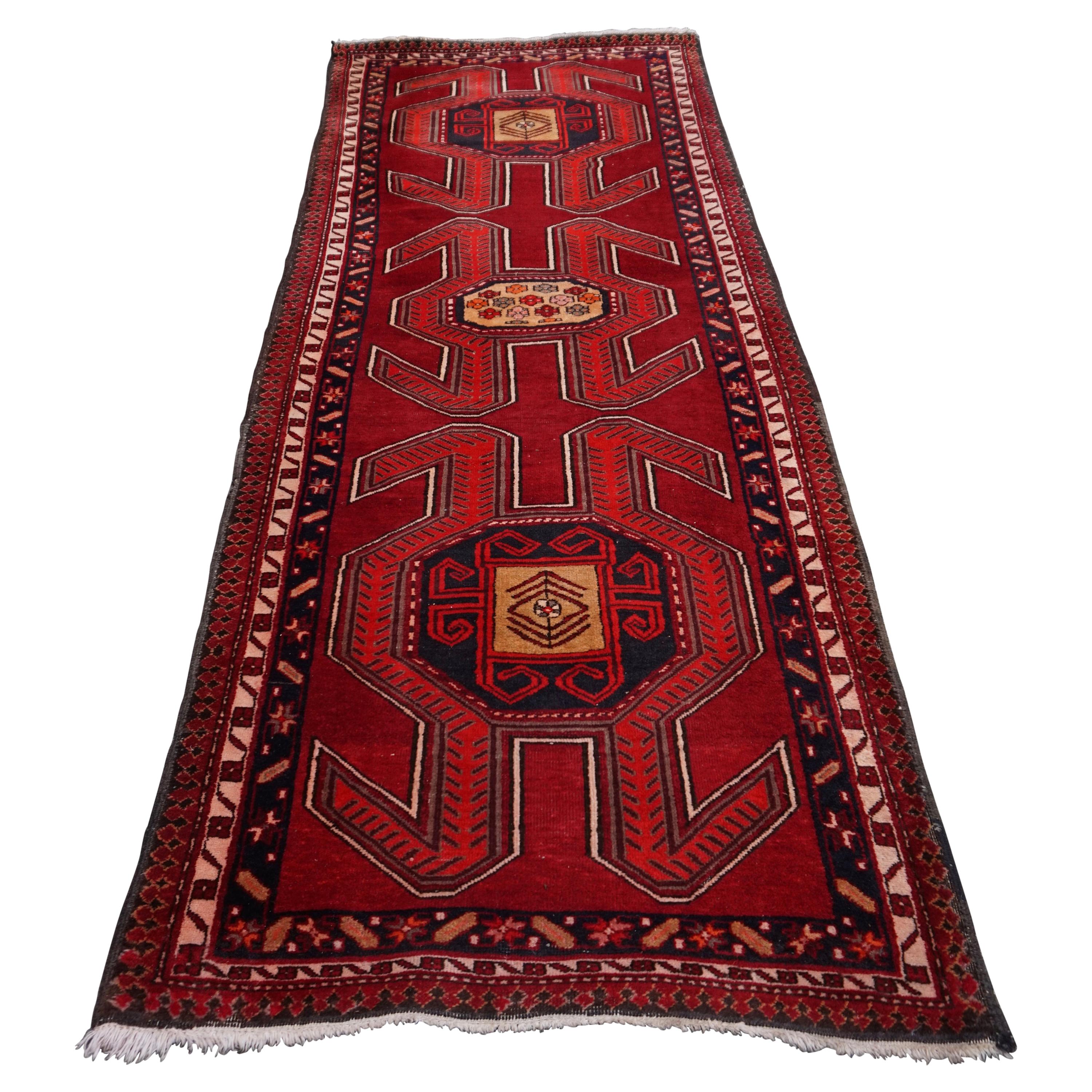 Hand Knotted Caucasus Tribal Runner Bold Symbolism & Vibrant Colours For Sale