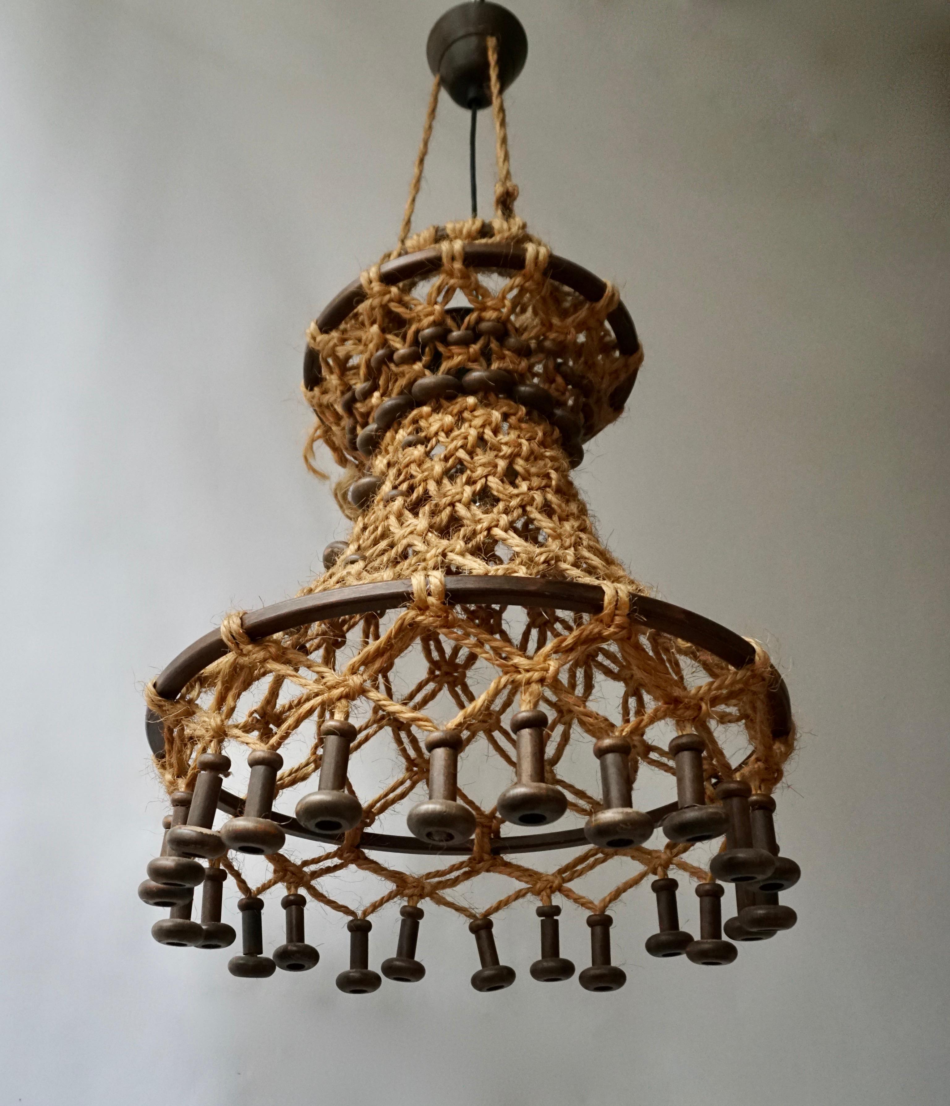 Hollywood Regency Hand Knotted Chandelier with Natural Rope and Wood