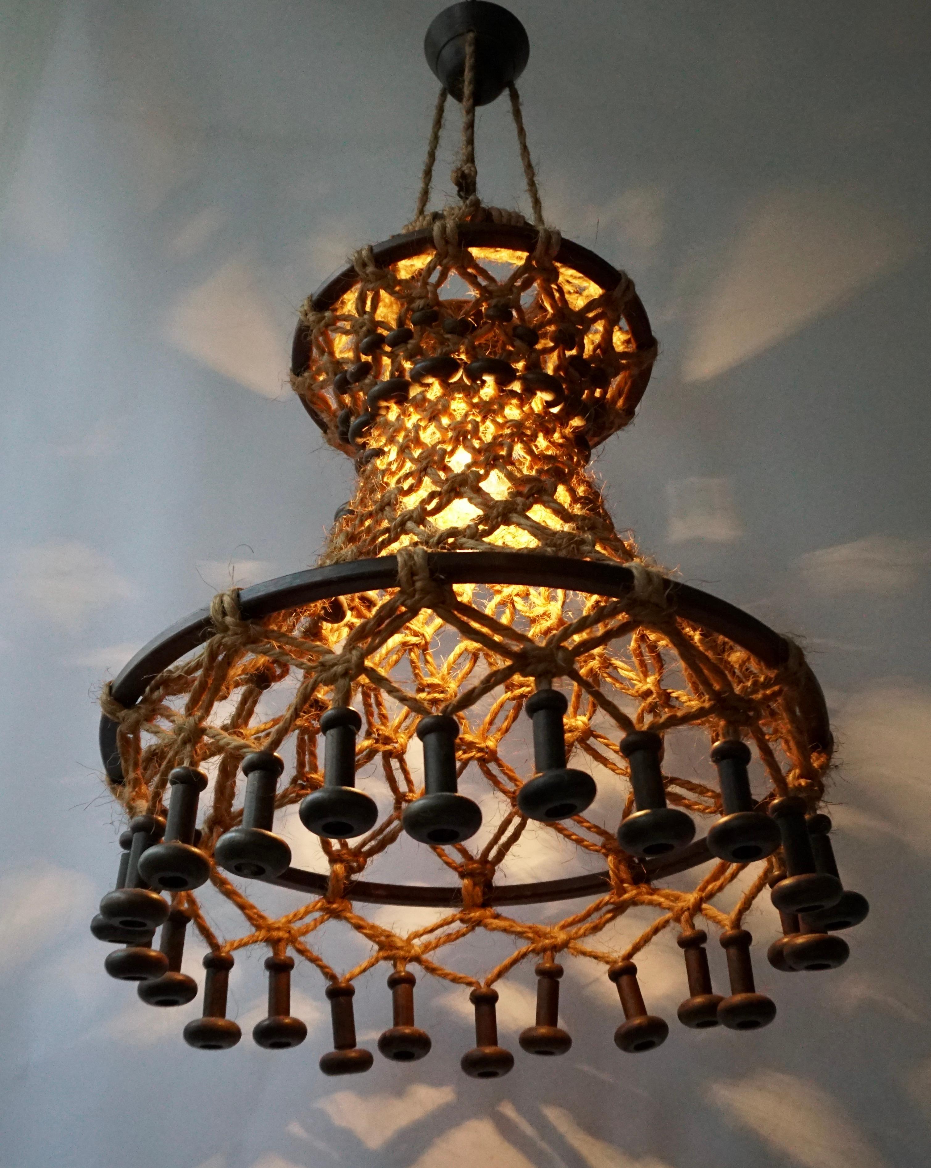 Belgian Hand Knotted Chandelier with Natural Rope and Wood