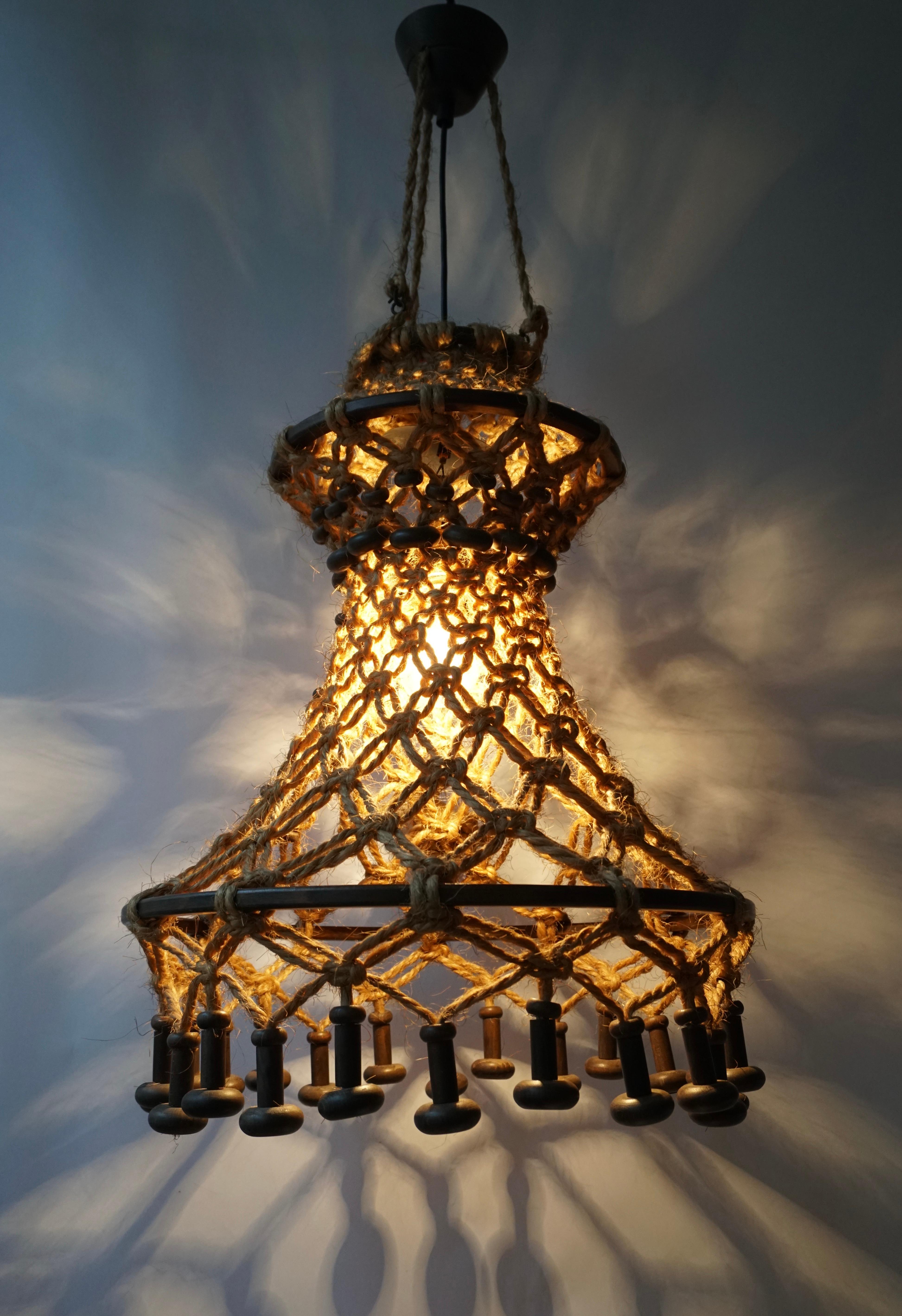 Hand Knotted Chandelier with Natural Rope and Wood In Good Condition In Antwerp, BE