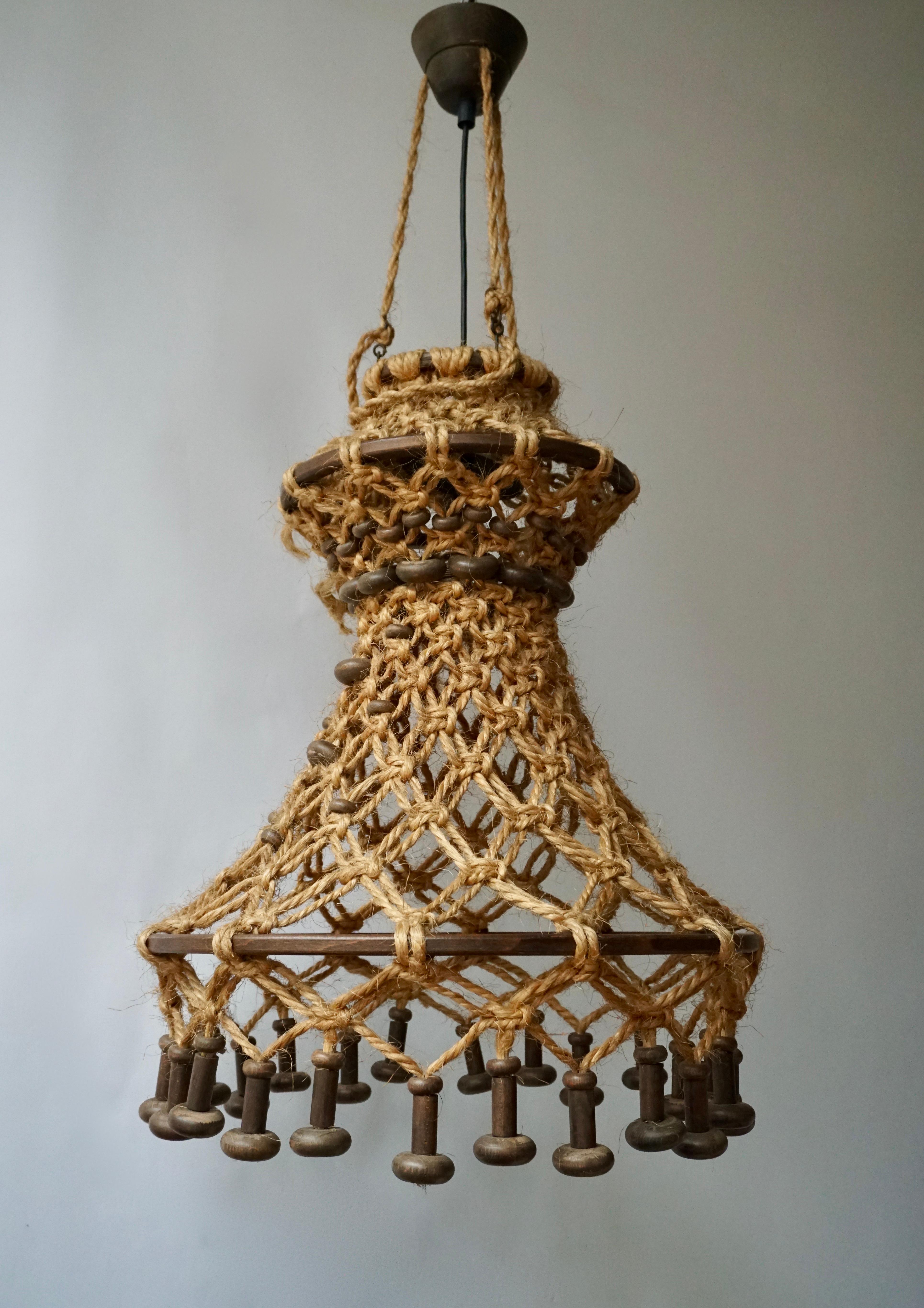 20th Century Hand Knotted Chandelier with Natural Rope and Wood