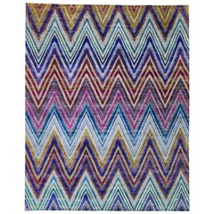 Hand Knotted Chevron Design Sari Silk with Oxidized Wool Oriental Rug