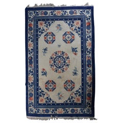Hand Knotted Chinese Peking Rug, Blue and White, circa 1930